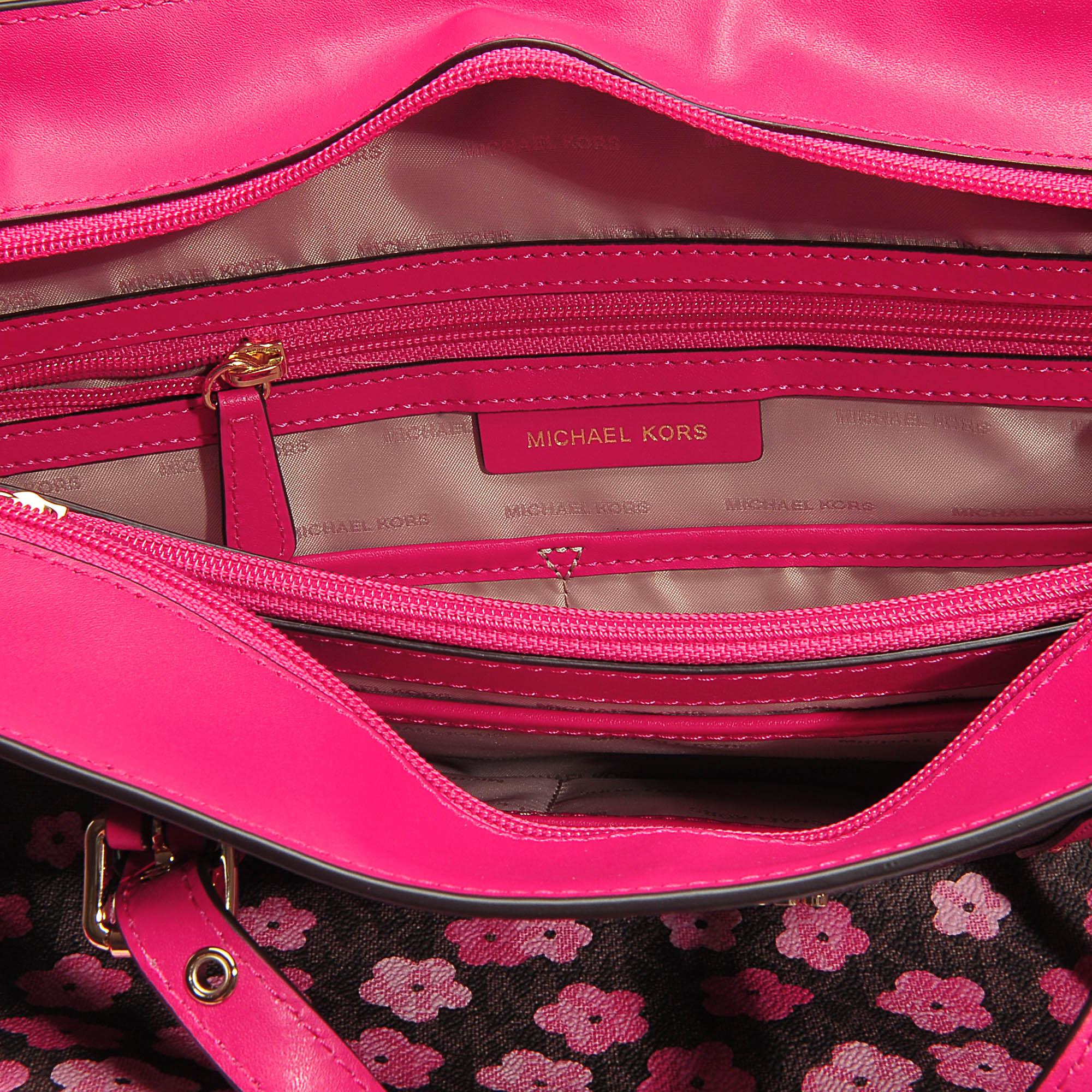 MICHAEL Michael Kors Leather Voyager Medium Top Zip Tote Bag In Brown  Monogrammed Canvas With Pink Flowers | Lyst