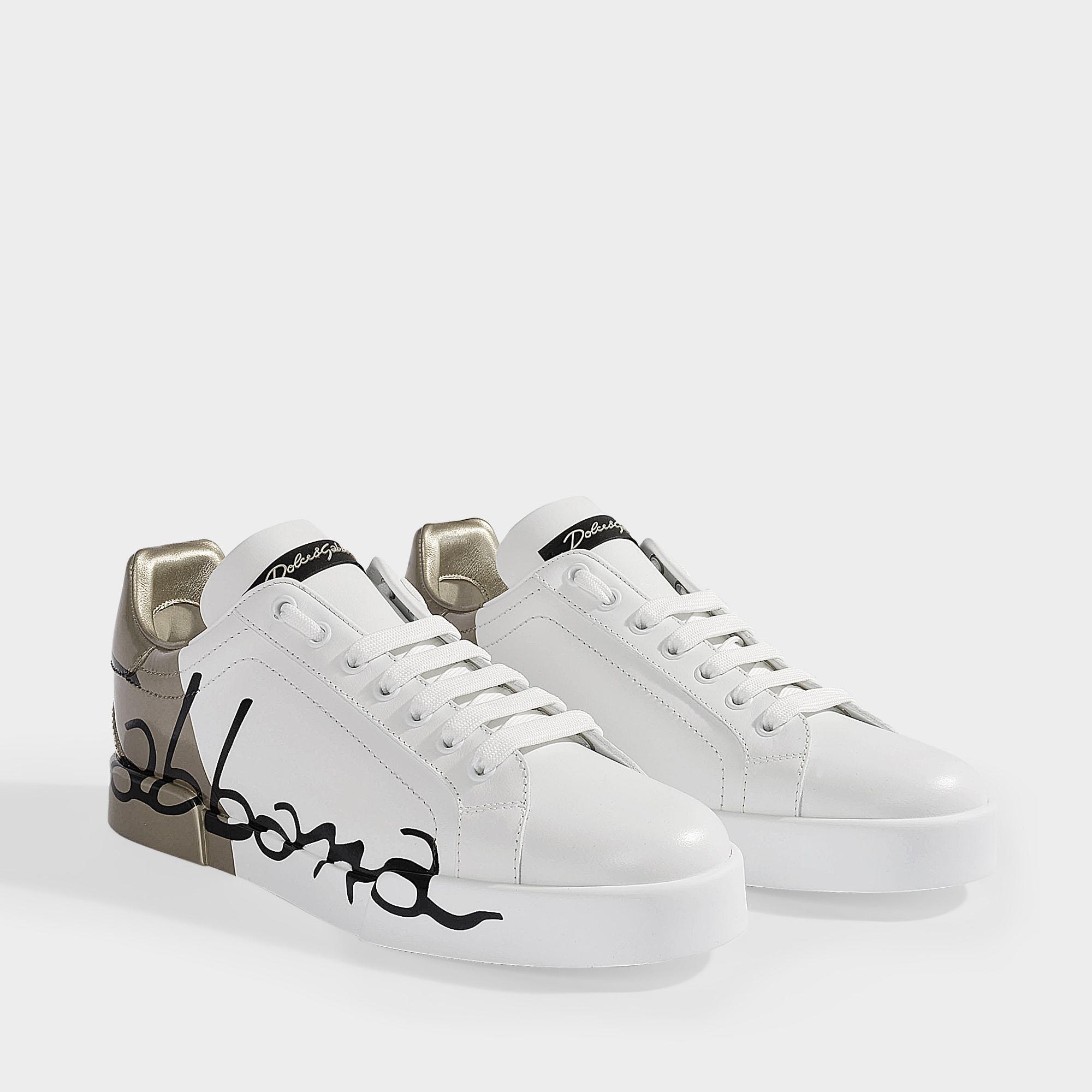 Dolce & Gabbana Gold Logo Printed Sneakers in White | Lyst