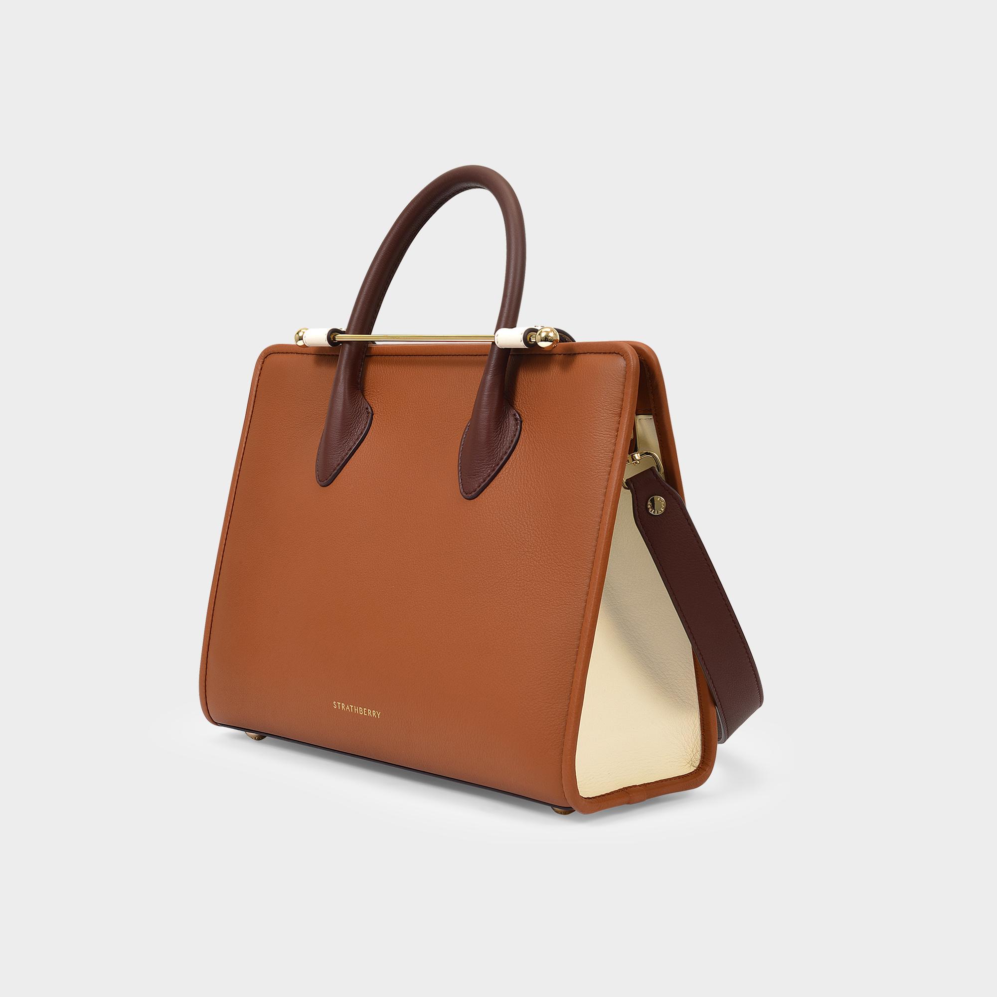 Strathberry Leather The Midi Tote In Chestnut, Vanilla And 