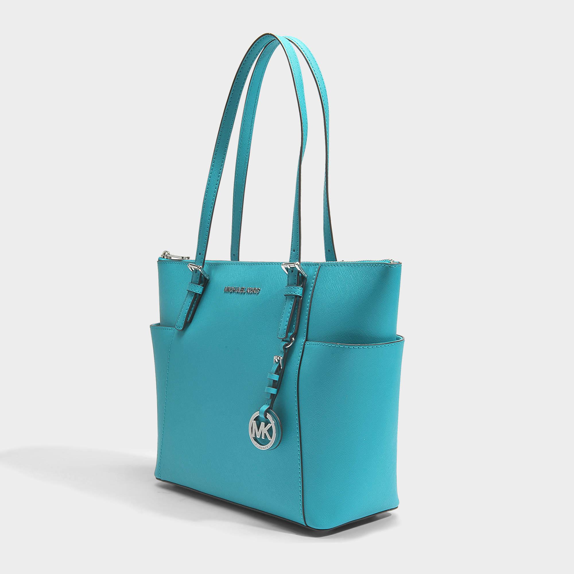 Jet Set Item East-west Top Zip Tote Bag In Turquoise Blue Saffiano Leather