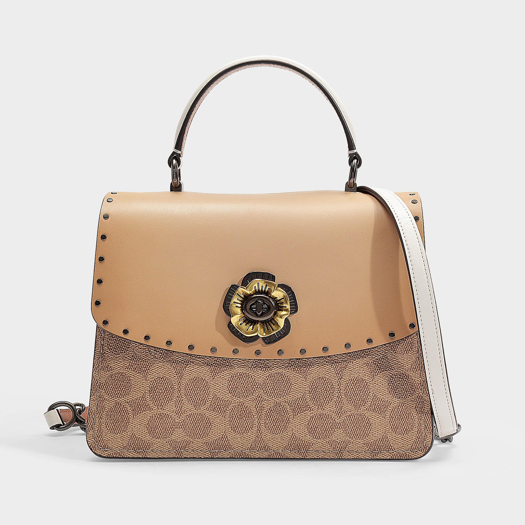 COACH Leather Parker Top Handle Bag In Beige Signature Coated Canvas