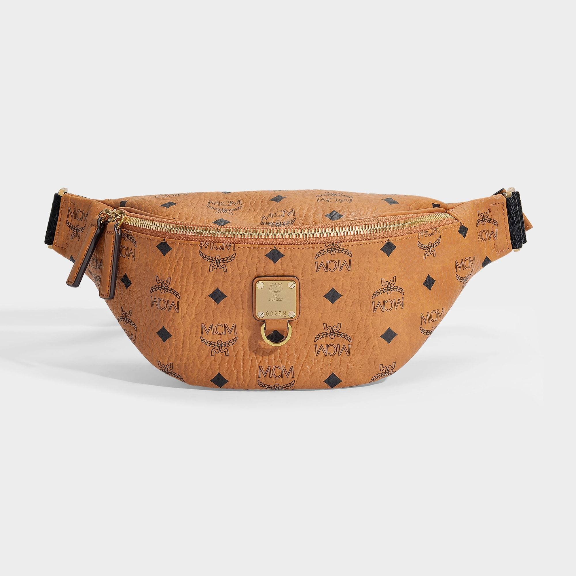 MCM Fursten Visetos Small Belt Bag In Cognac Coated Canvas in