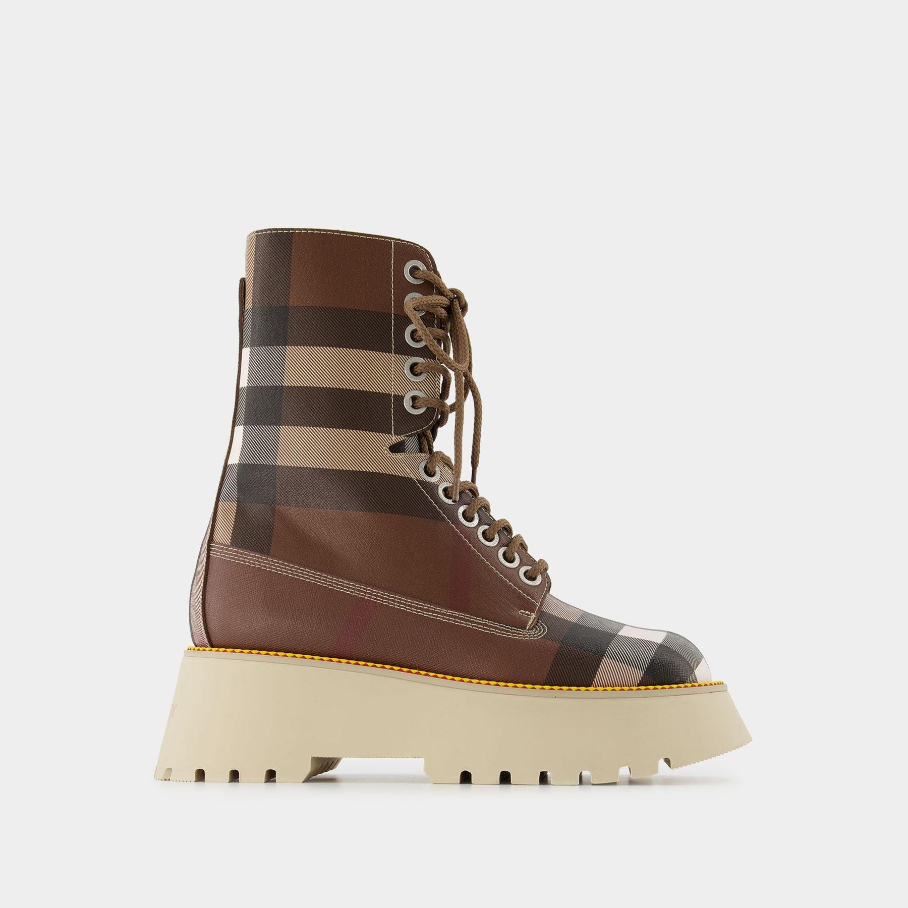 Burberry Exaggerated Check Leatherette Platform Boots in Brown | Lyst