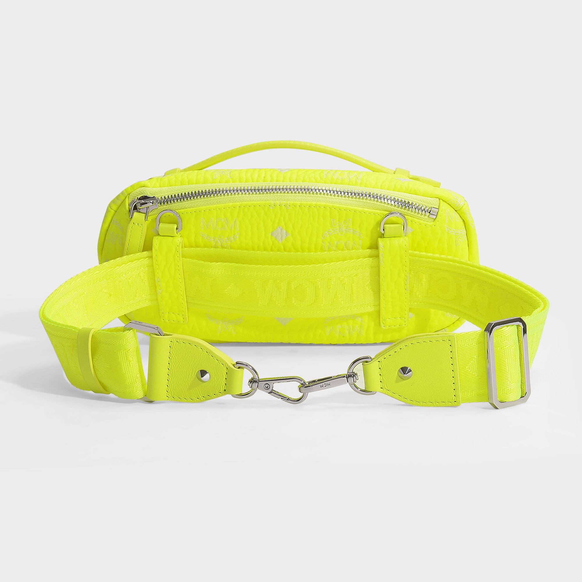 MCM Visetos Original Small Crossbody Bag In Neon Yellow Coated Canvas