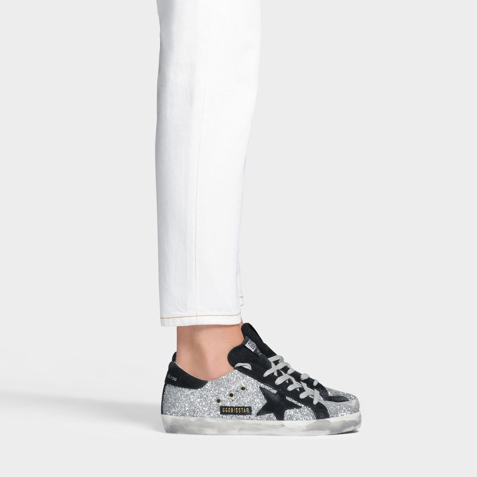 Golden Goose Superstar Sneakers In Silver Glitter With Black Suede Star in  Gray | Lyst