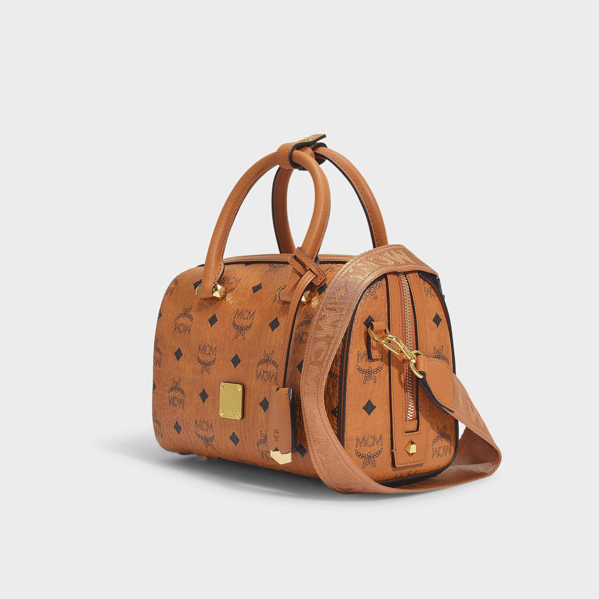 Buy MCM Brown Mini Boston Bag in Visetos Original for WOMEN in Oman