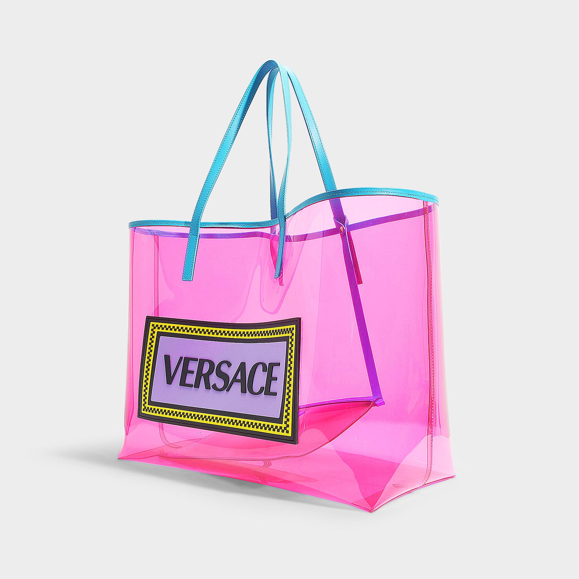 Versace 90's Vintage Logo Soft Tote In Pink Clear Vinyl