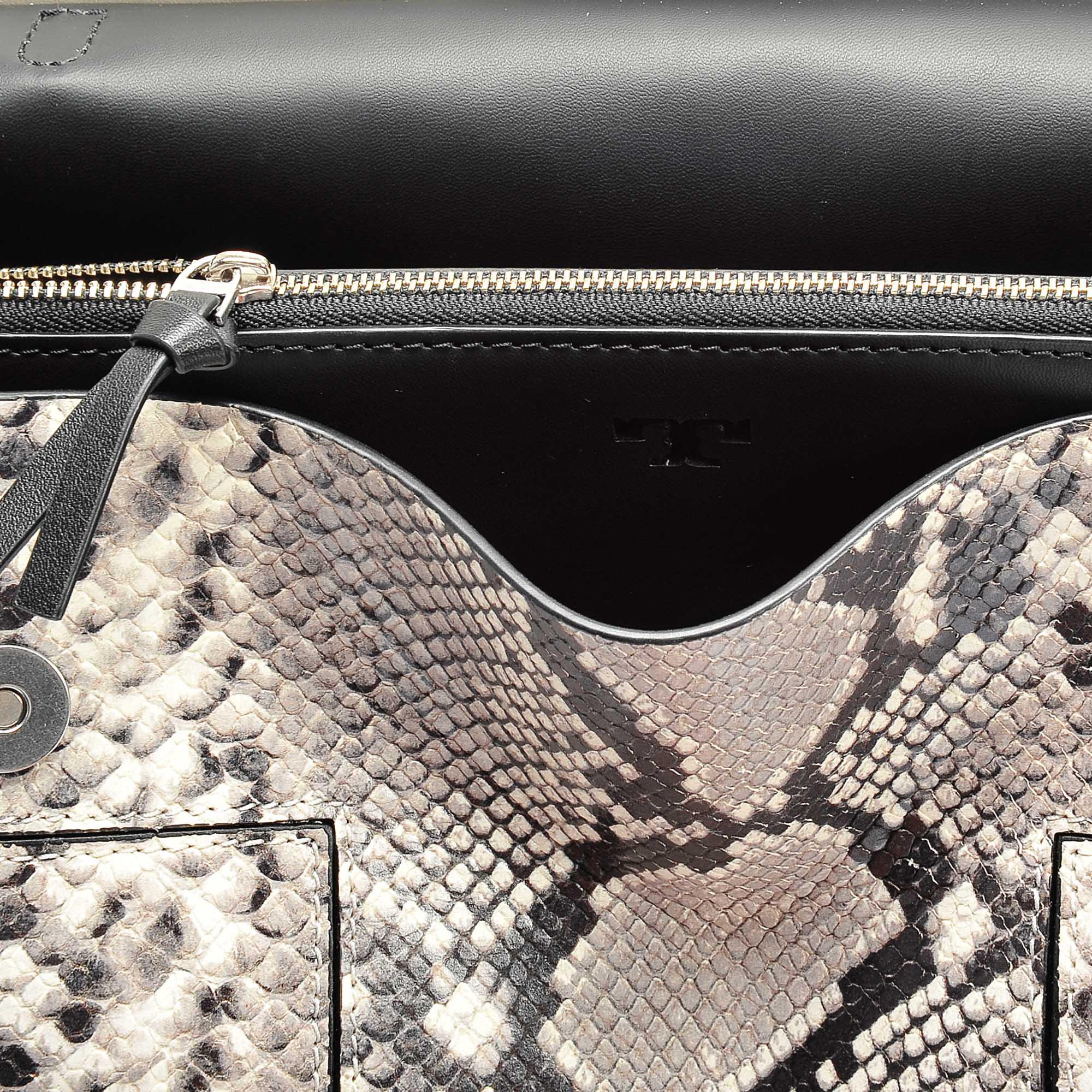 Tory Burch Leather Block T Snake Embossed Satchel Bag In Natural Snake ...
