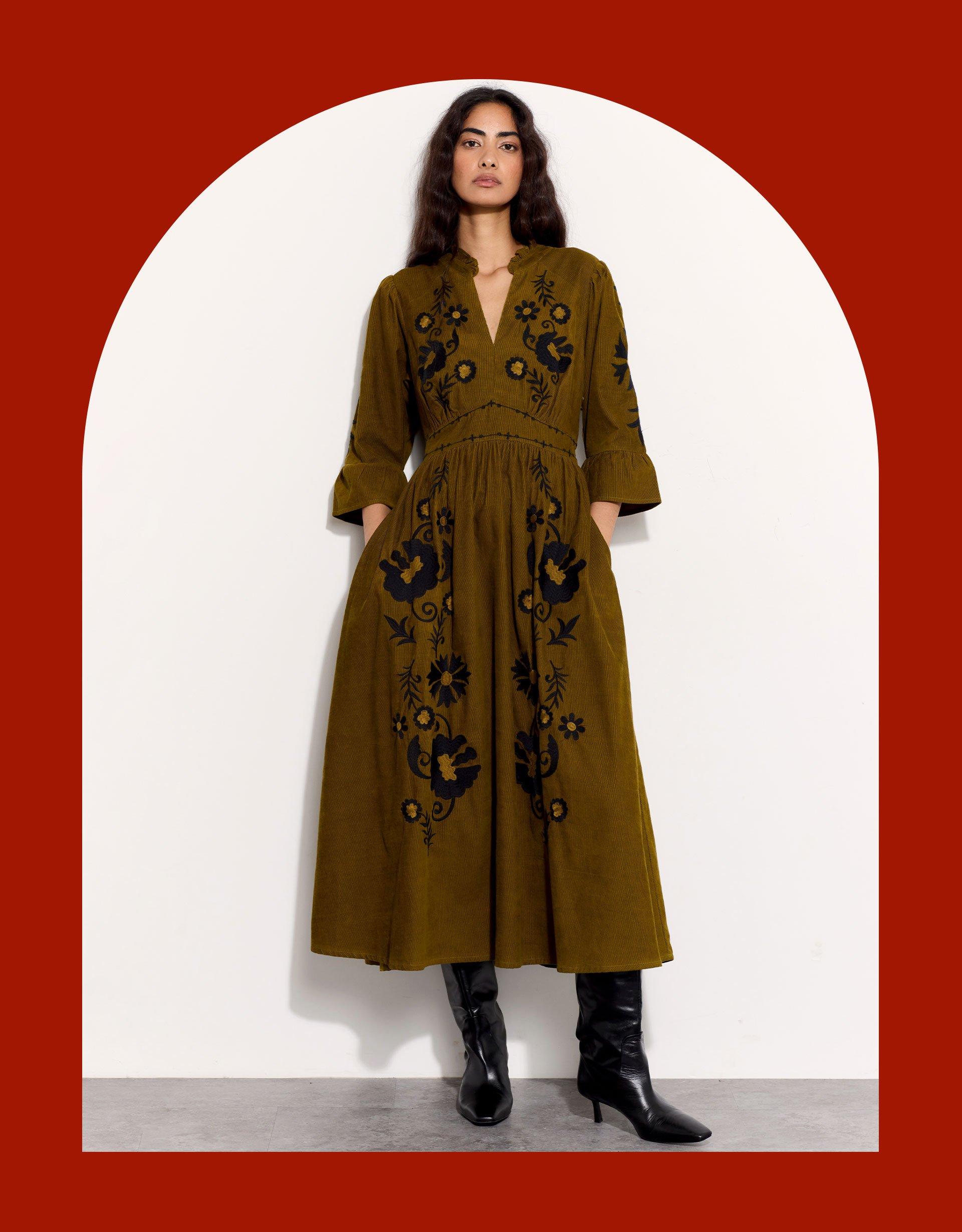 Monsoon East Floral Embroidered Corduroy Maxi Dress Green Lyst UK