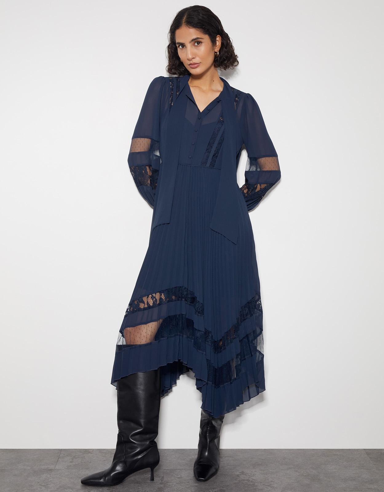 chinese dress ladies Monsoon Blue Lace Midi Dress UK 12