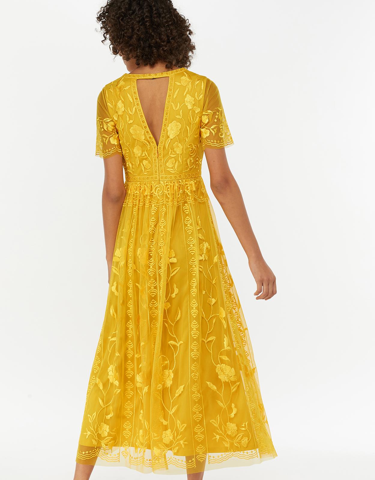 Monsoon Synthetic Valentina Embroidered Midi Dress in Yellow Lyst