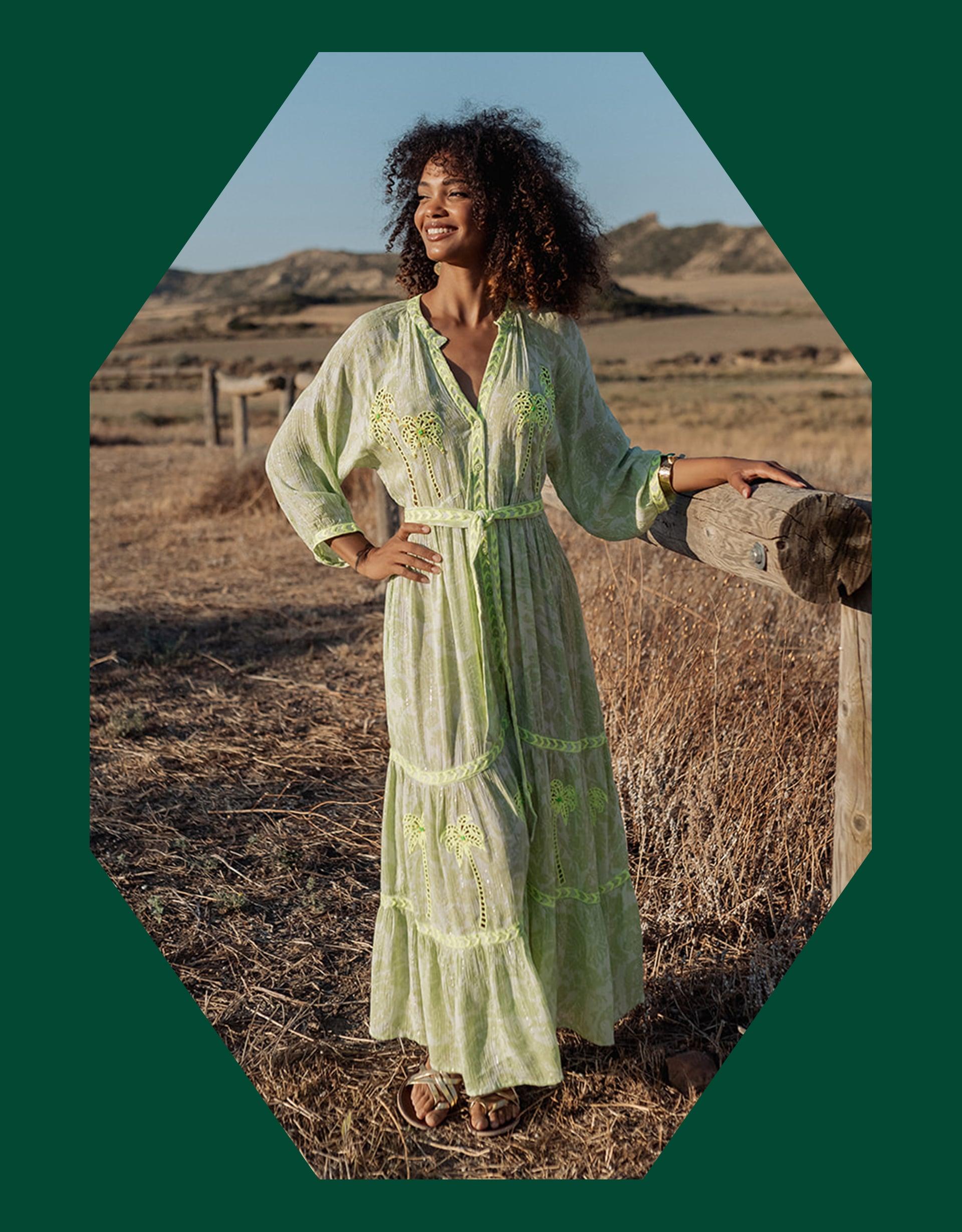 Monsoon Piti Cuiti Palm Embroidered Maxi Dress Green