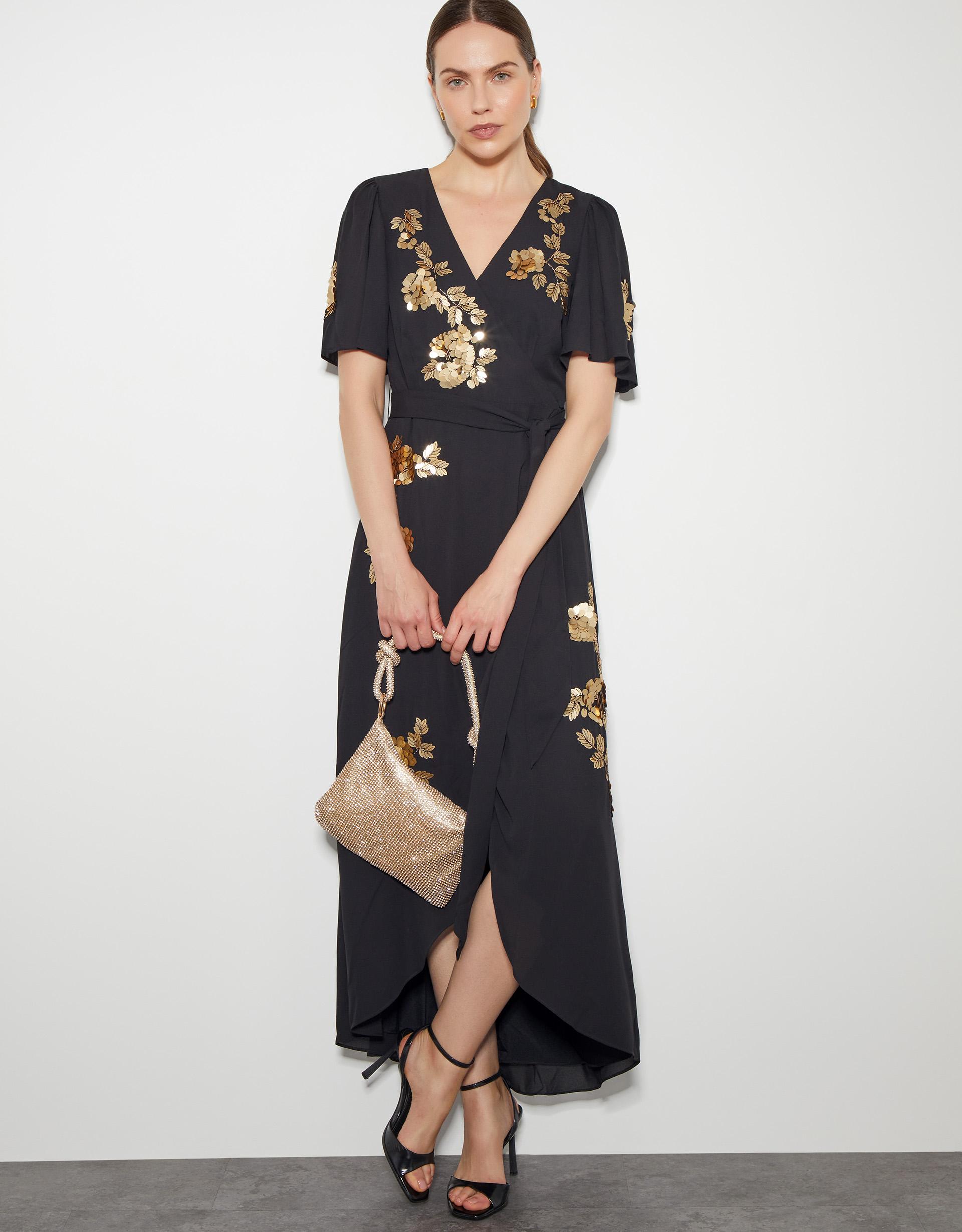 Black floral midi wrap dress hot sale