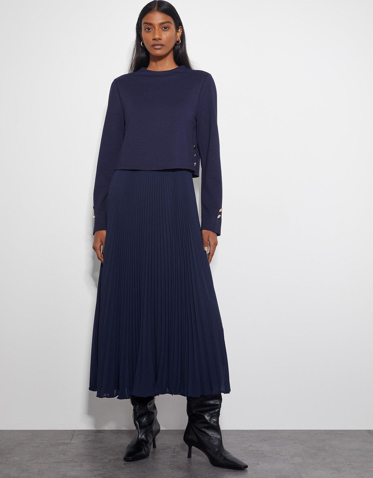 Monsoon Penny Long Sleeve Pleated Midi Dress Blue Lyst UK