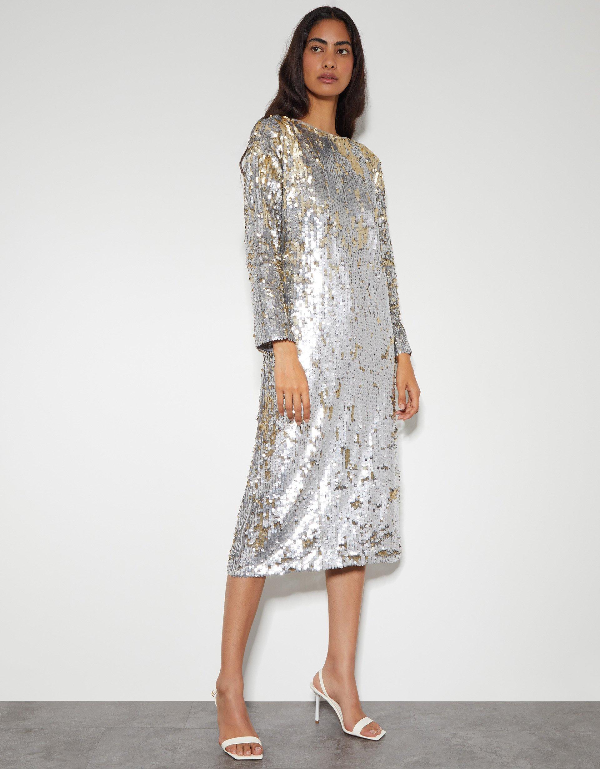 Monsoon Marie Long Sleeve Sequin Midi Dress Silver in Metallic Lyst UK