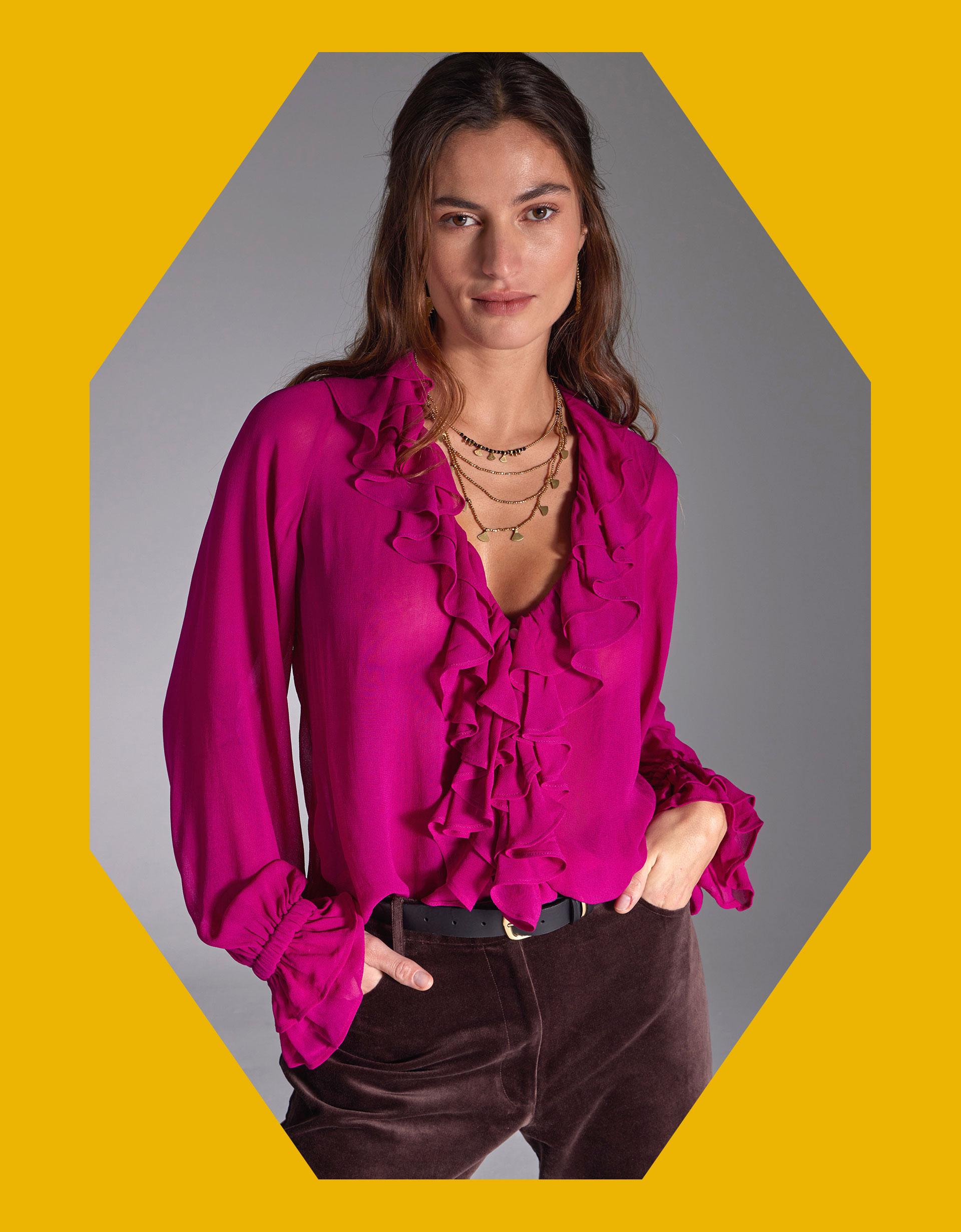 Pink ruffle blouse hotsell