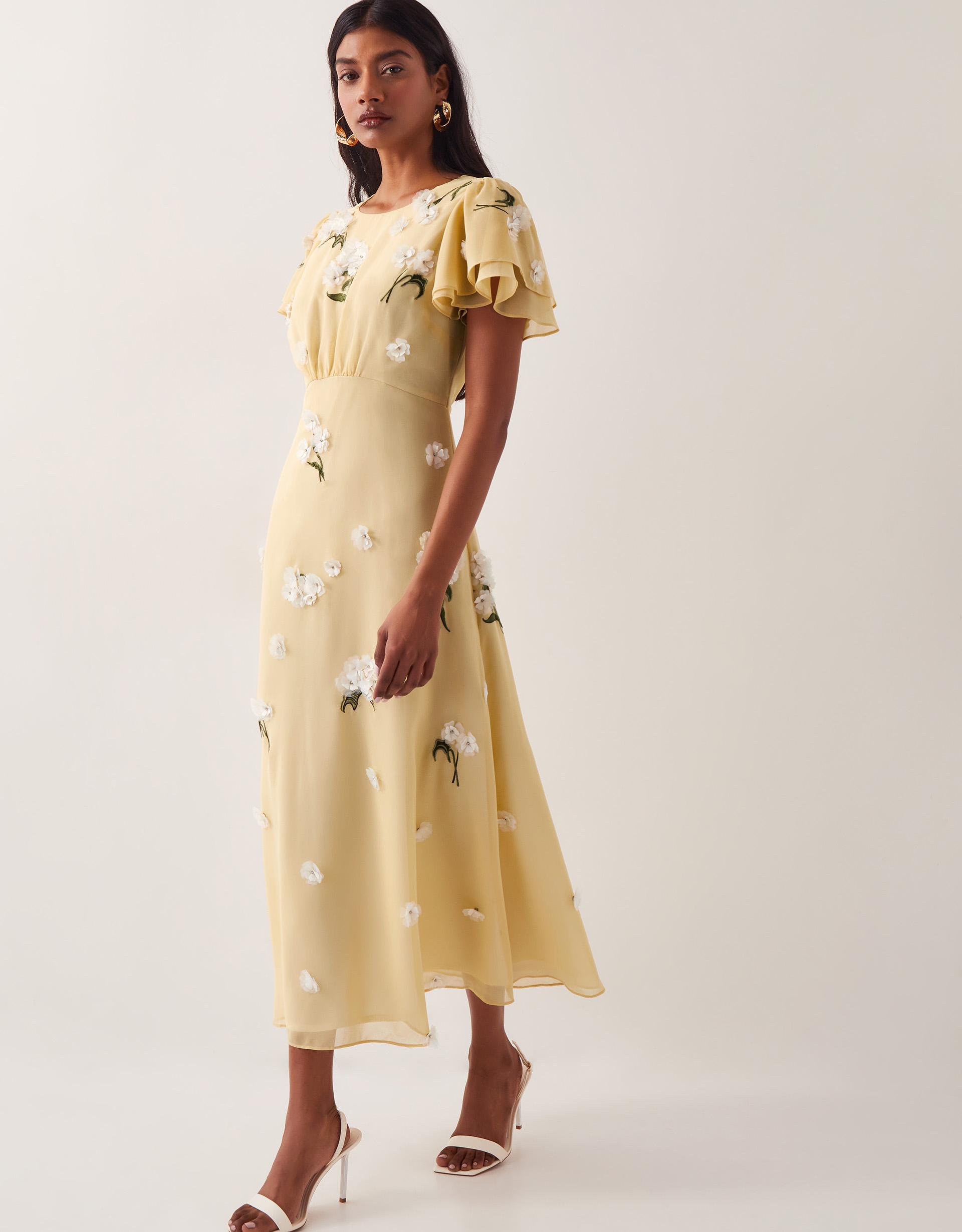 Monsoon Delilah Appliqu Floral Midi Dress Yellow in Natural | Lyst UK