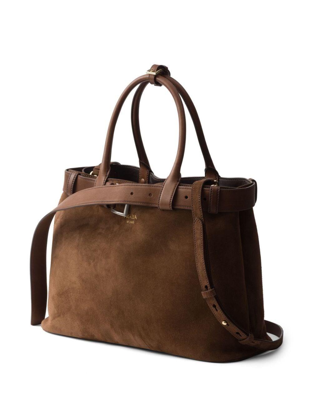 【関税&送料込】Prada Brown Suede Prada Buckle Large Handbag Brown Suede Prada Buckle Large Handbag | italist
