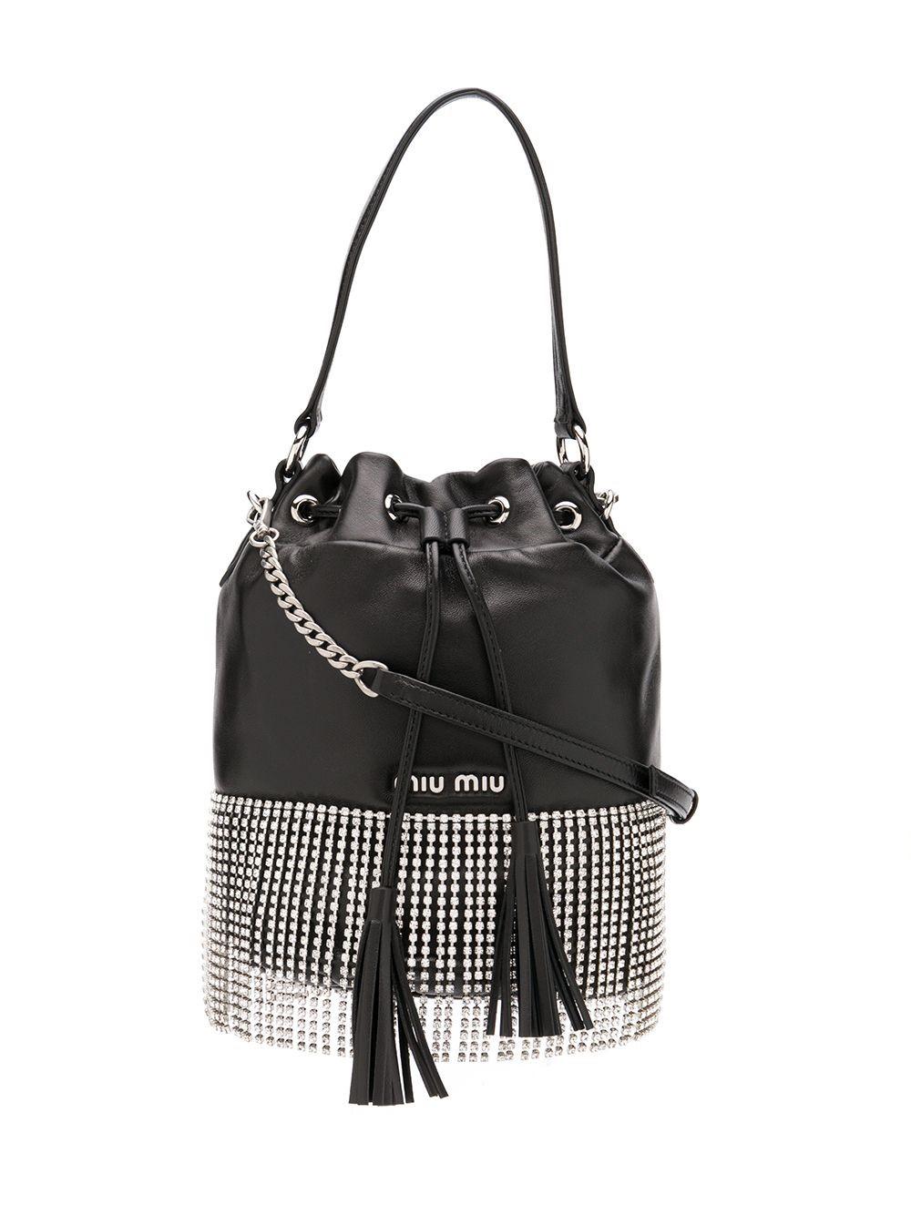 Miu Miu London Night Crystalembellished Leather Bucket Bag in Black