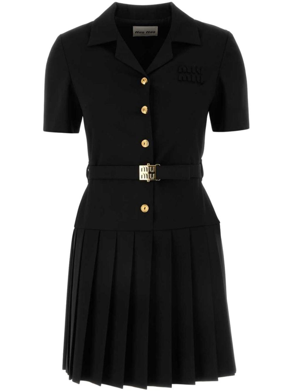 Miu Miu Stretch Wool Pleated Dress in Black | Lyst