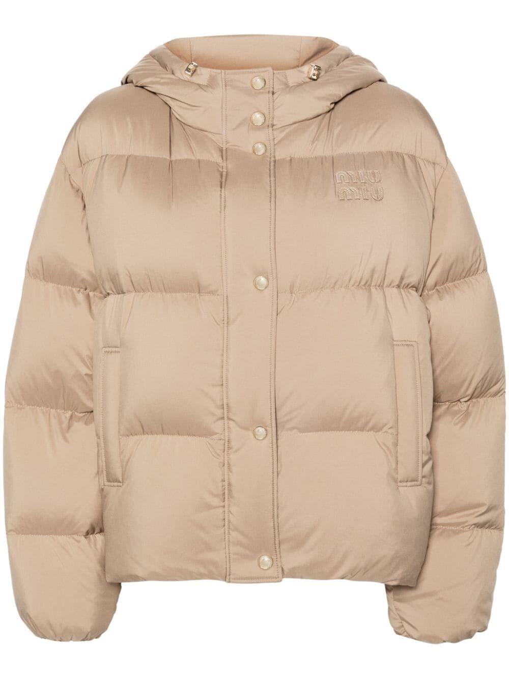 ダウンジャケット・コート MIU MIU NYLON DOWN JACKET WITH LOGO EMBROIDERY Miu Miu Cropped Nylon Down Jacket in Black | Lyst
