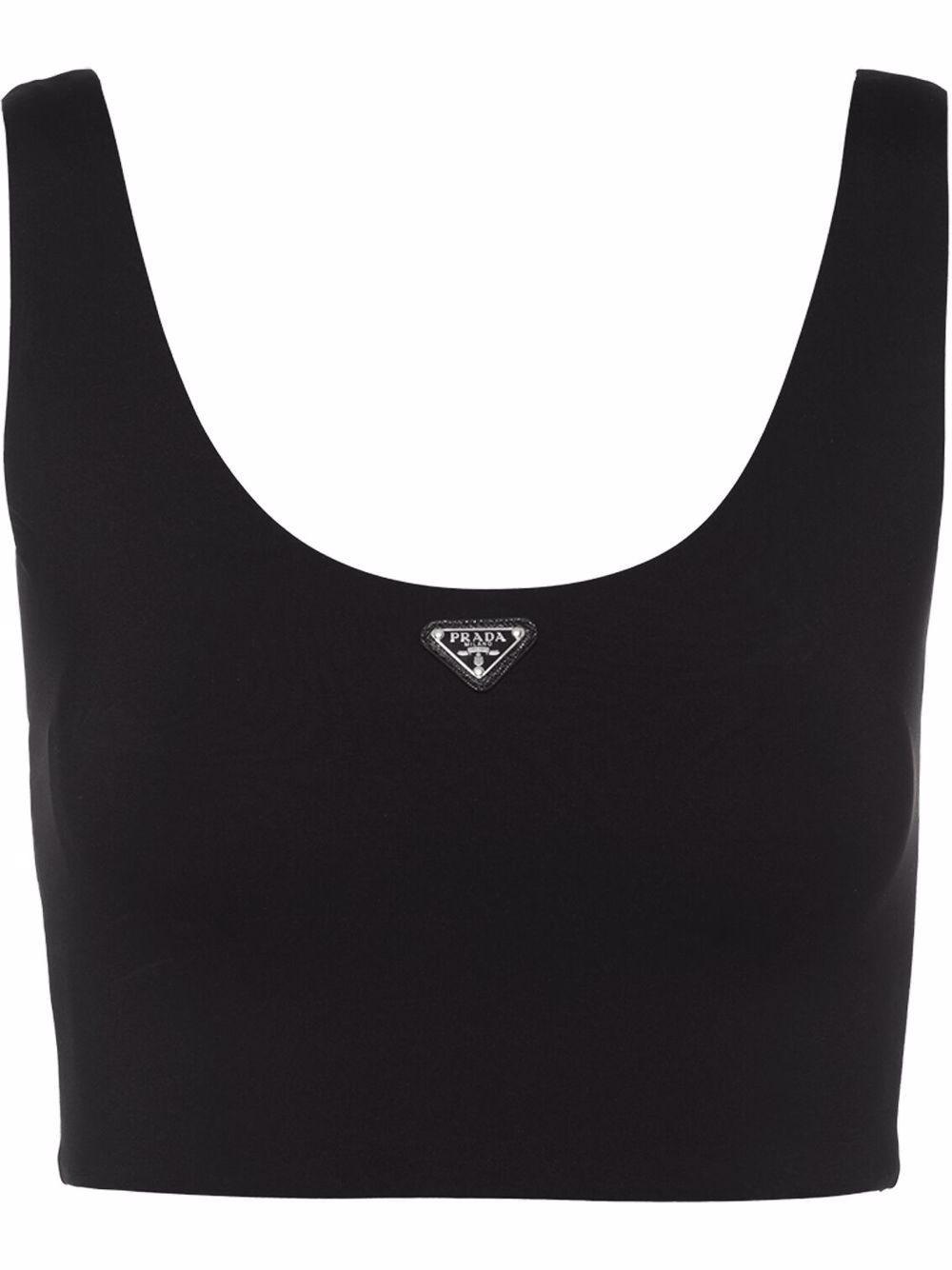 Logo ribbed-knit silk crop top in black - Prada