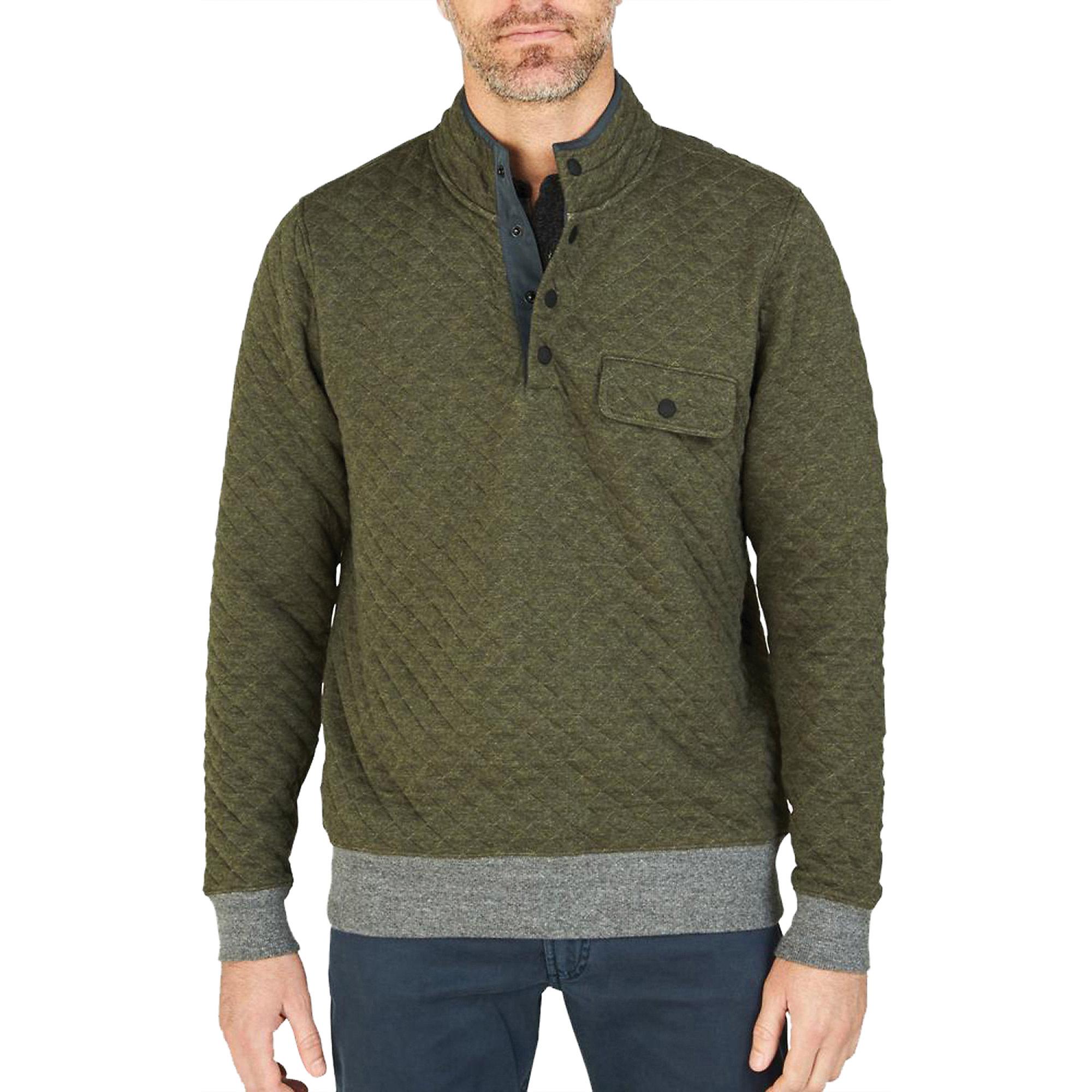 Faherty Brand Cotton Quilted Snap Pullover Sweater in Olive Heather