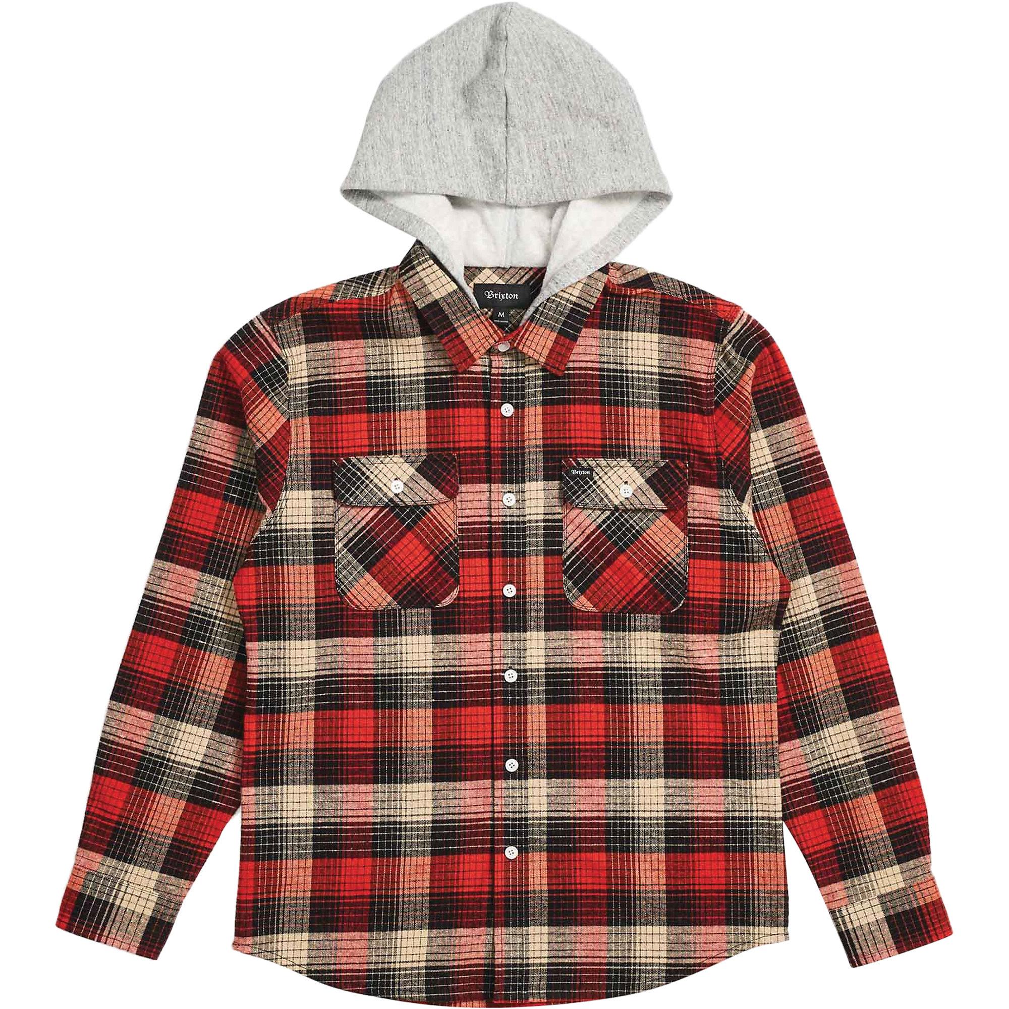 Brixton Bowery Standard Fit Hooded Long Sleeve Flannel Shirt in Red ...
