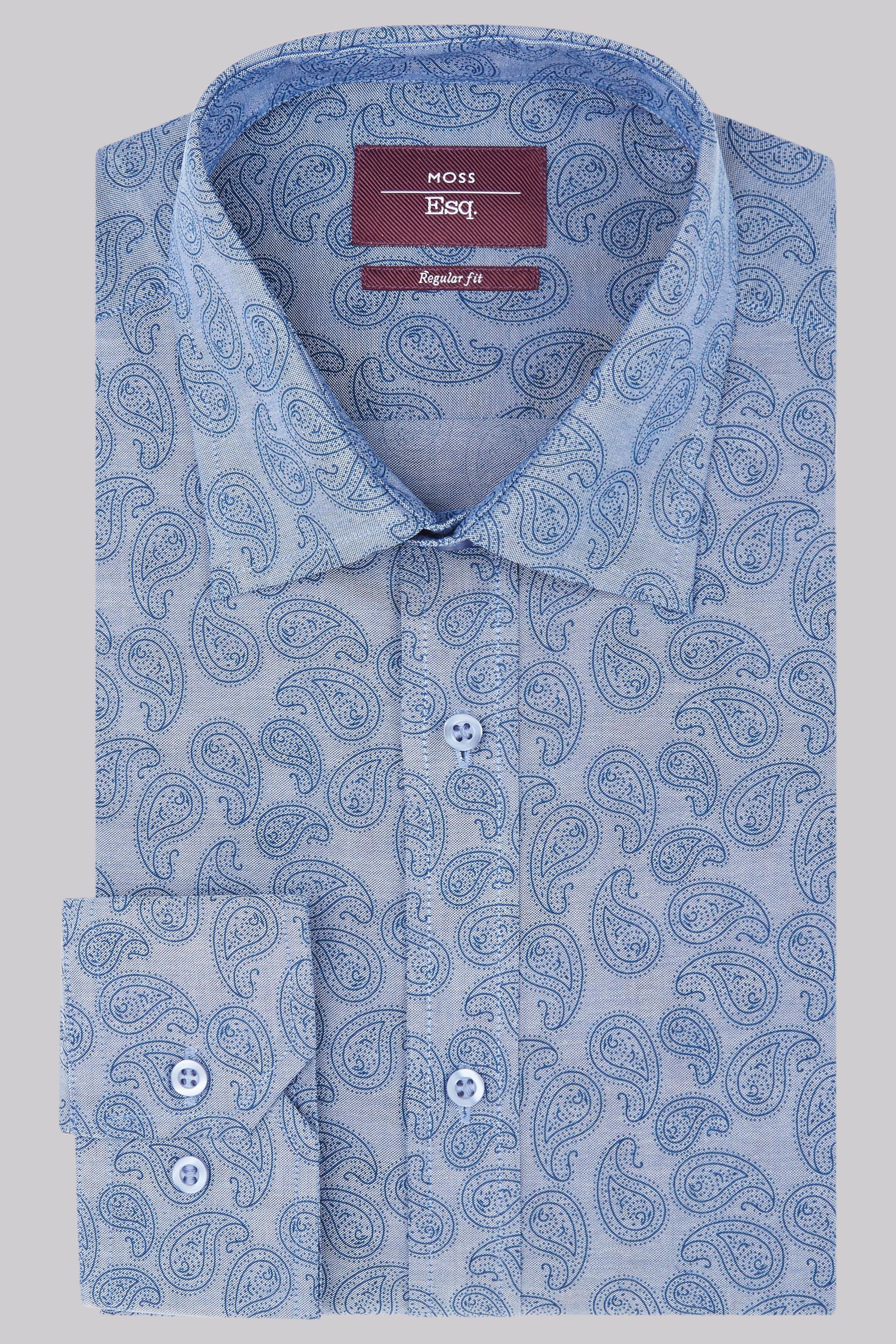 Moss Esq. Cotton Regular Fit Blue Single Cuff Chambray Paisley Print ...
