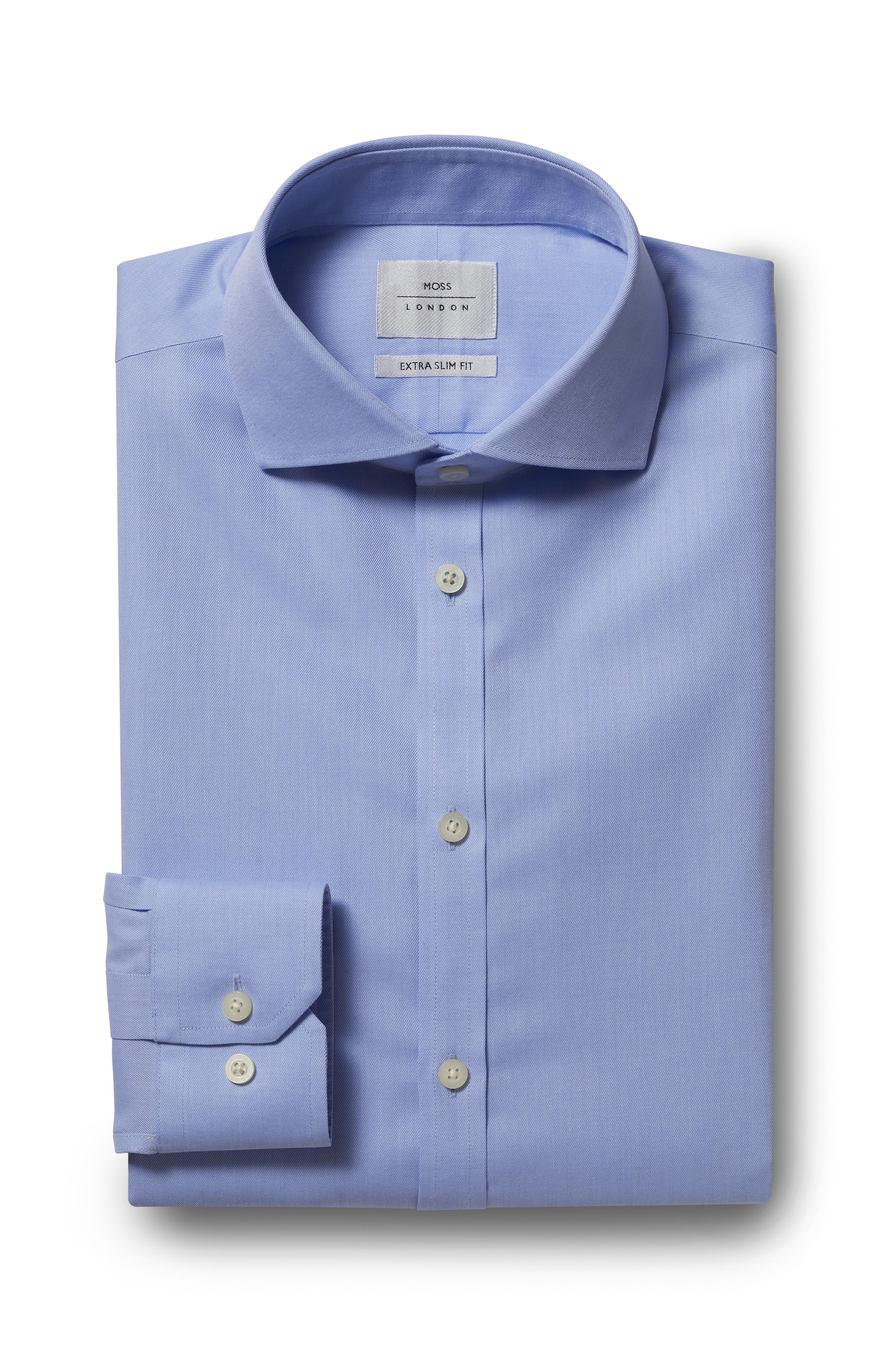 Moss Bros Cotton Extra Slim Fit Blue Single Cuff Twill Zero Iron Shirt ...