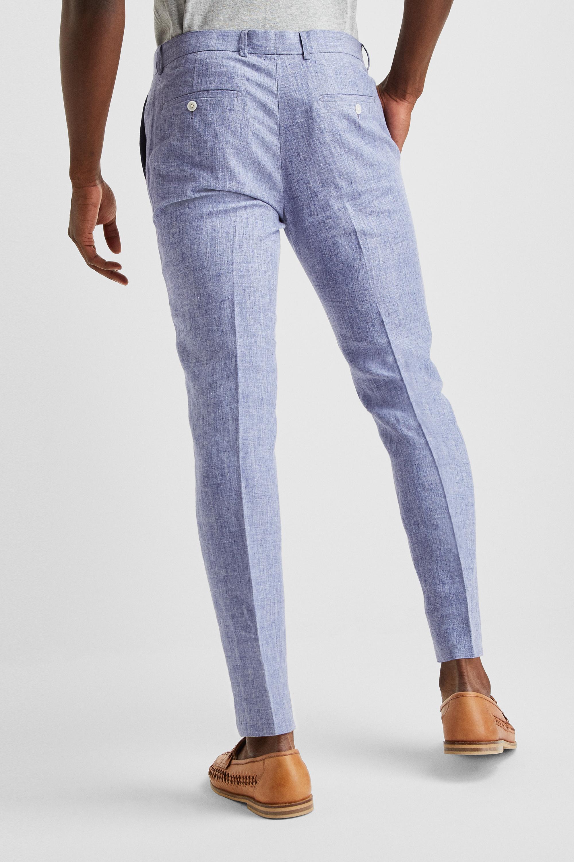 Moss Bros Slim Fit Blue Linen Trousers 