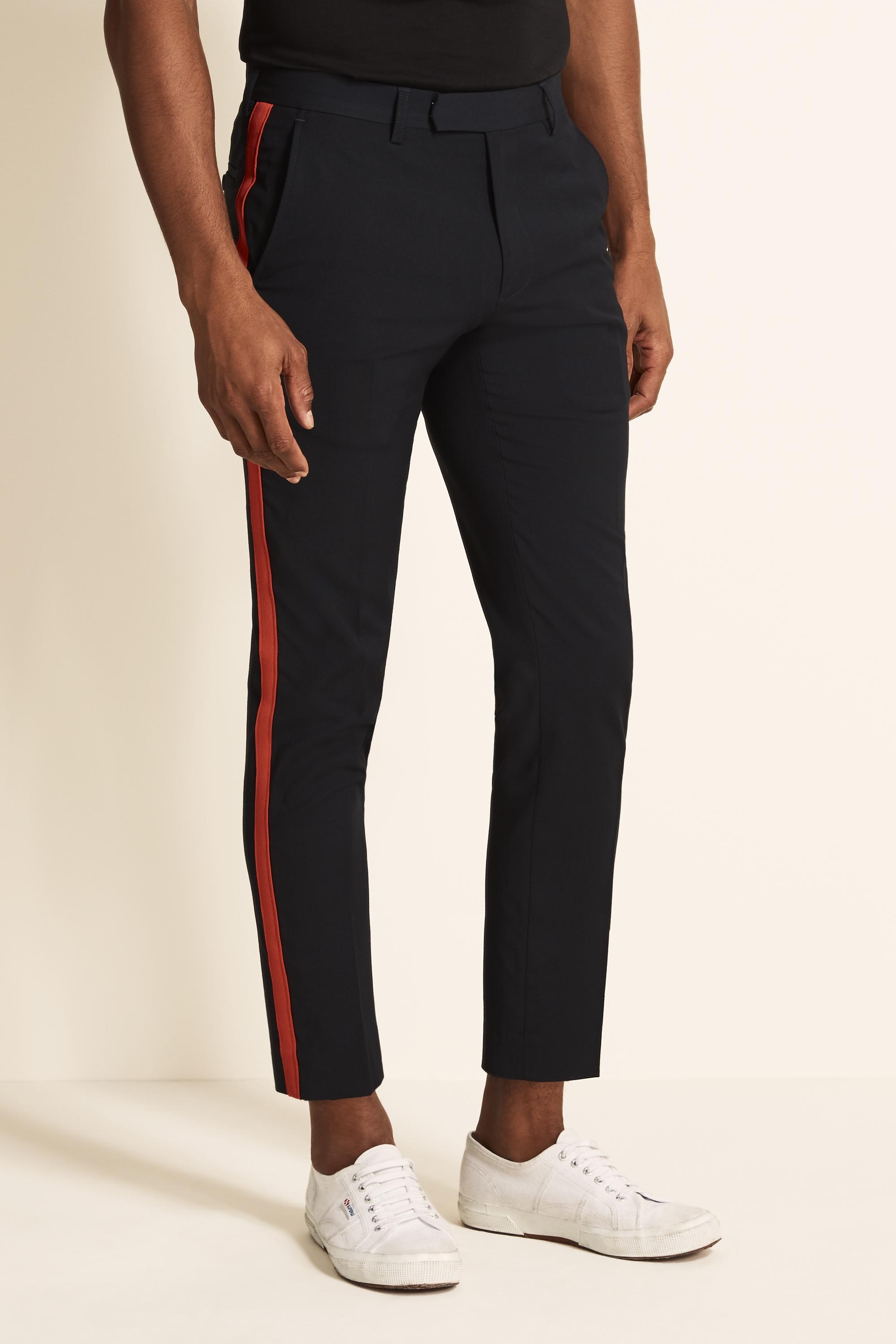 Moss Slim Fit Navy With Red Side Stripe Cropped Trousers in Blue for Men Lyst UK