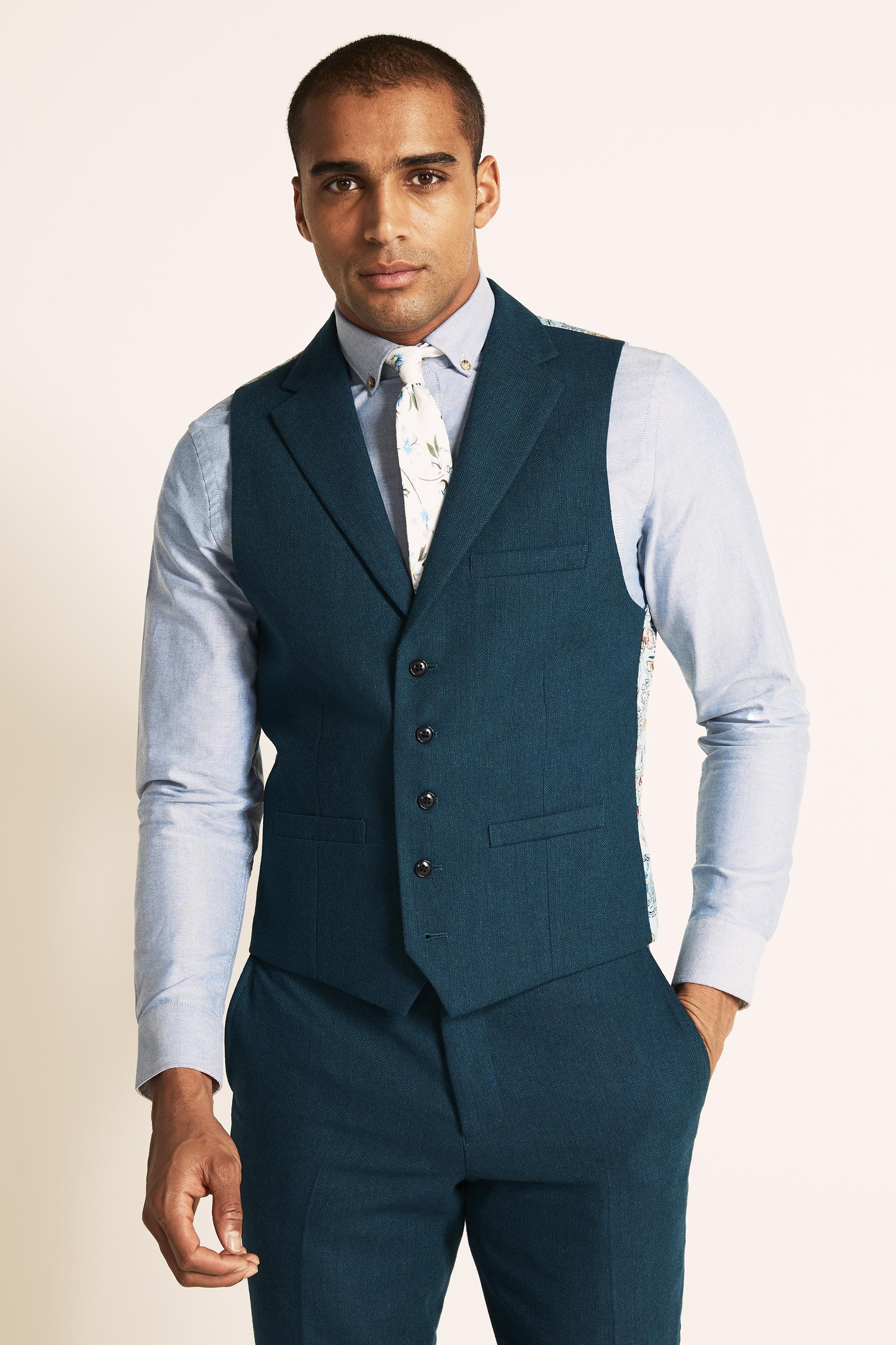 Moss London Slim Fit Teal Herringbone 