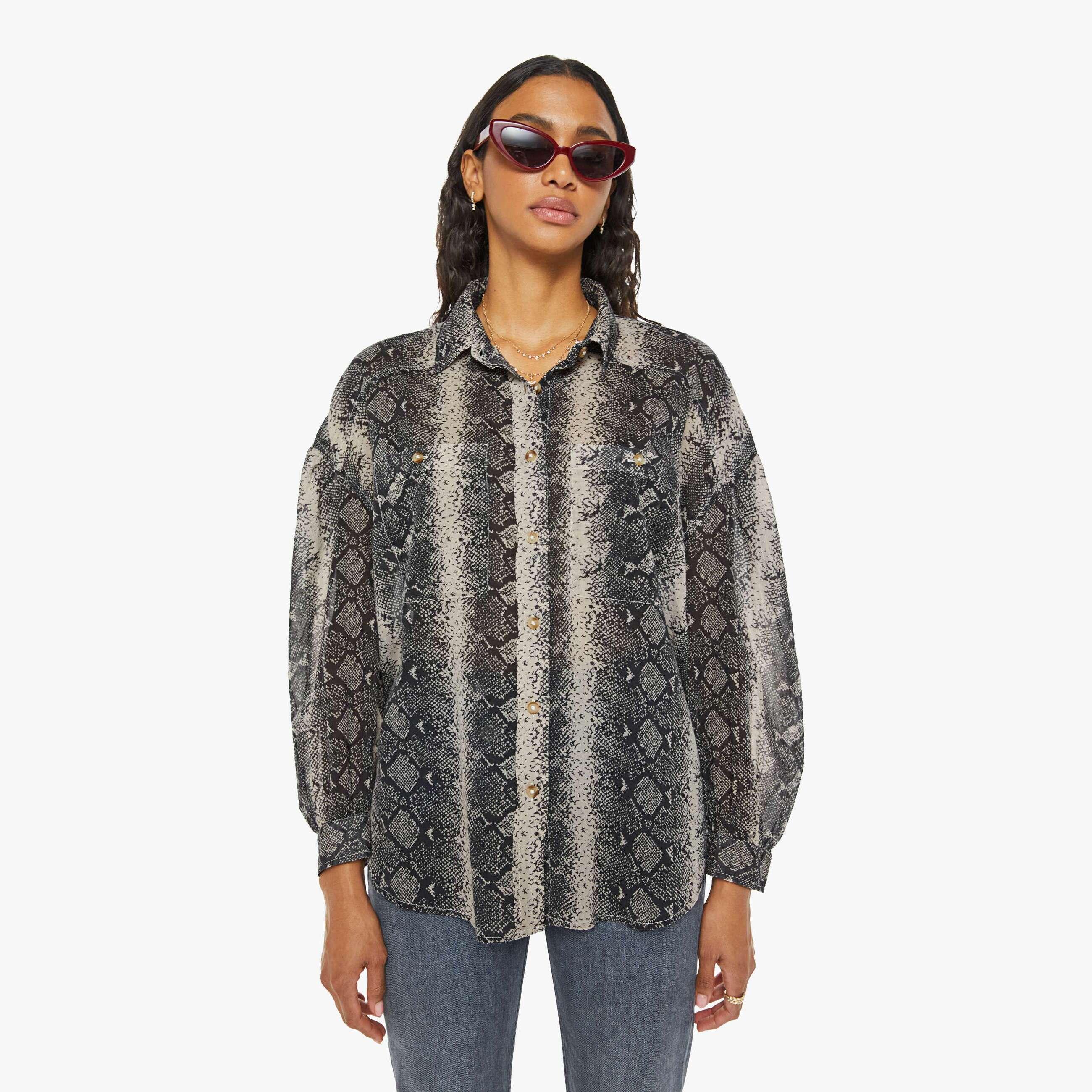 Mother Semi-Sheer Snake Print Button-Up Shirt in Gray | Lyst