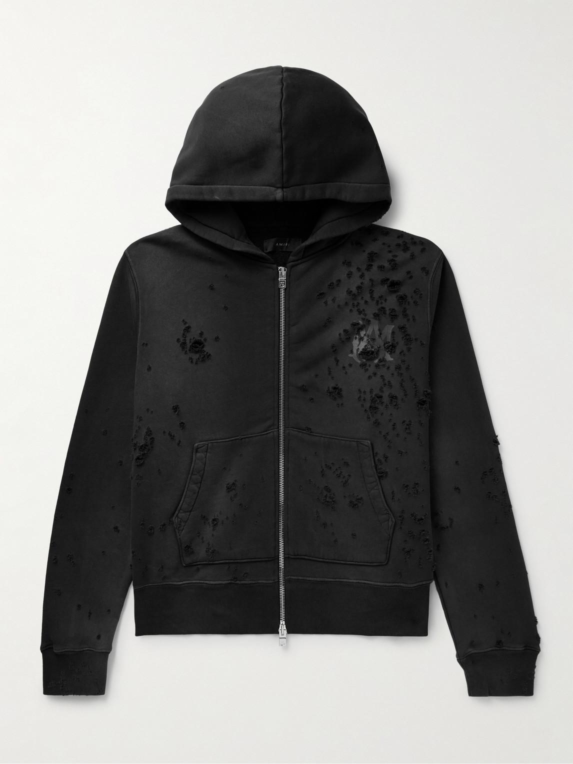 Amiri Distressed Logo print Cotton jersey Zip up Hoodie in Black for Men Lyst UK