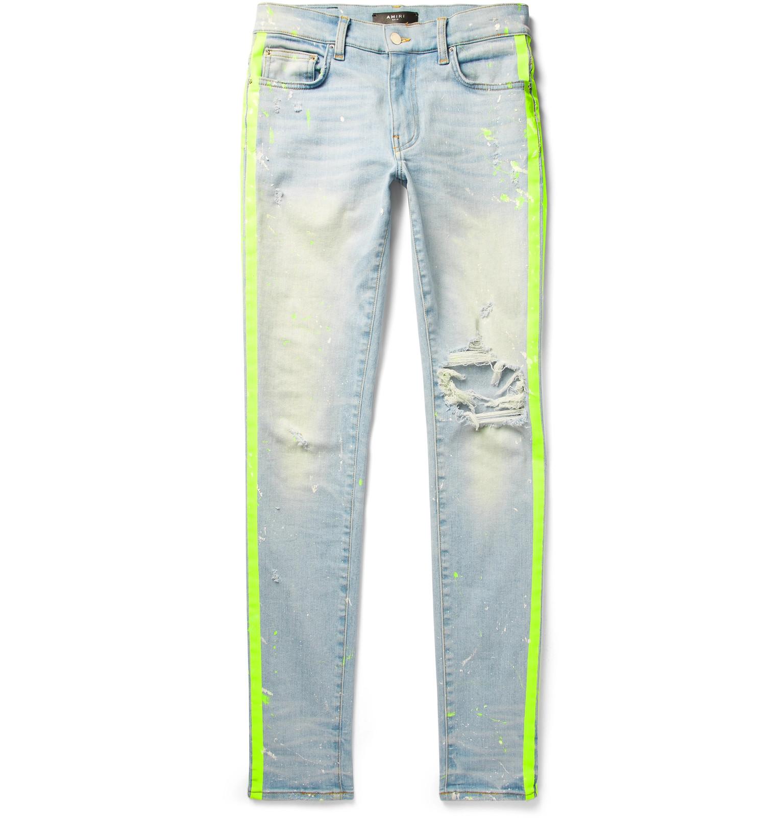 Amiri Broken Painter Skinny-fit Neon-striped Distressed Stretch-denim Jeans  in Blue for Men | Lyst