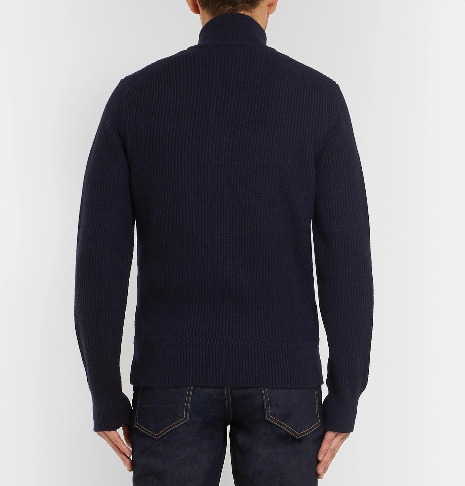Tom Ford Ribbed Wool And Cashmere-blend Half-zip Sweater in Navy (Blue ...