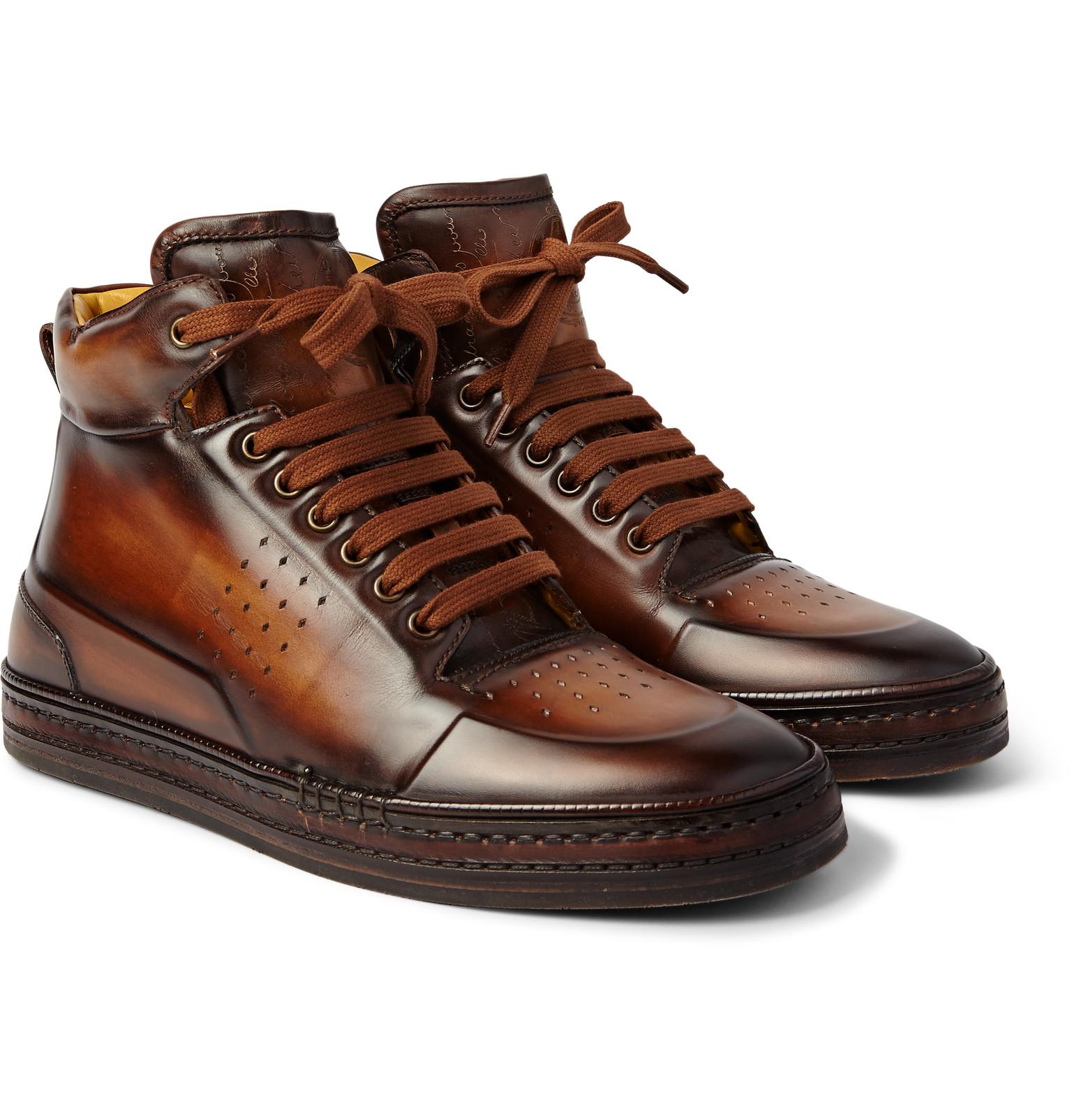Berluti Leather Printed Sneakers - Brown Sneakers, Shoes - BRL26258