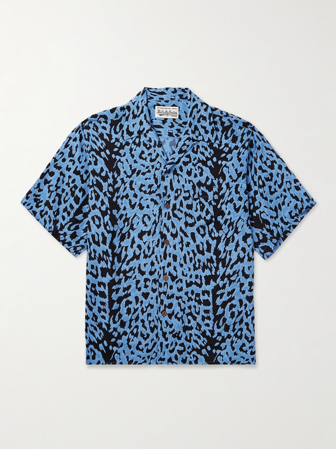 Wacko Maria Camp-collar Leopard-print Satin Shirt in Blue for Men