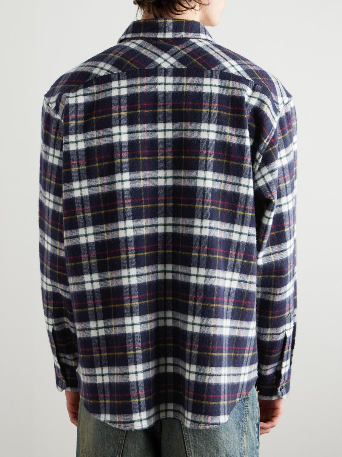 Celine Logo-Embroidered Checked Wool-Flannel Shirt in Blue for Men