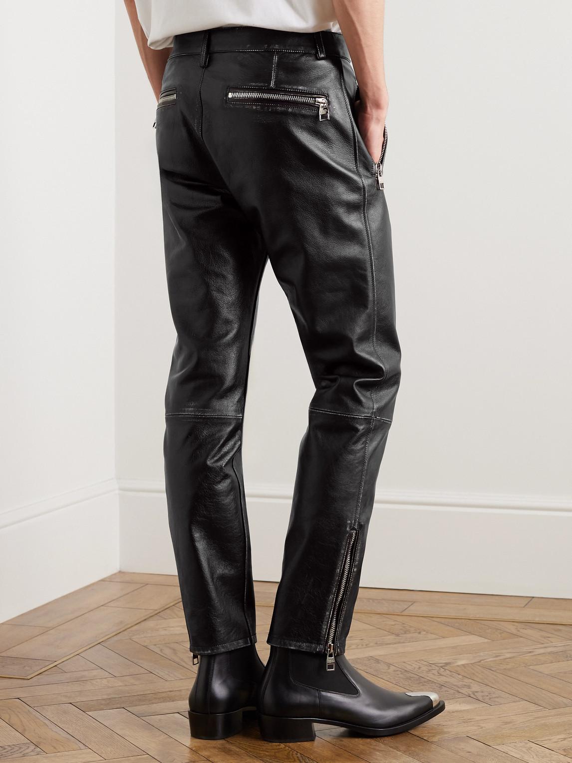 McQueen Slim-Fit Zip-Detailed Leather Trousers in Grey for