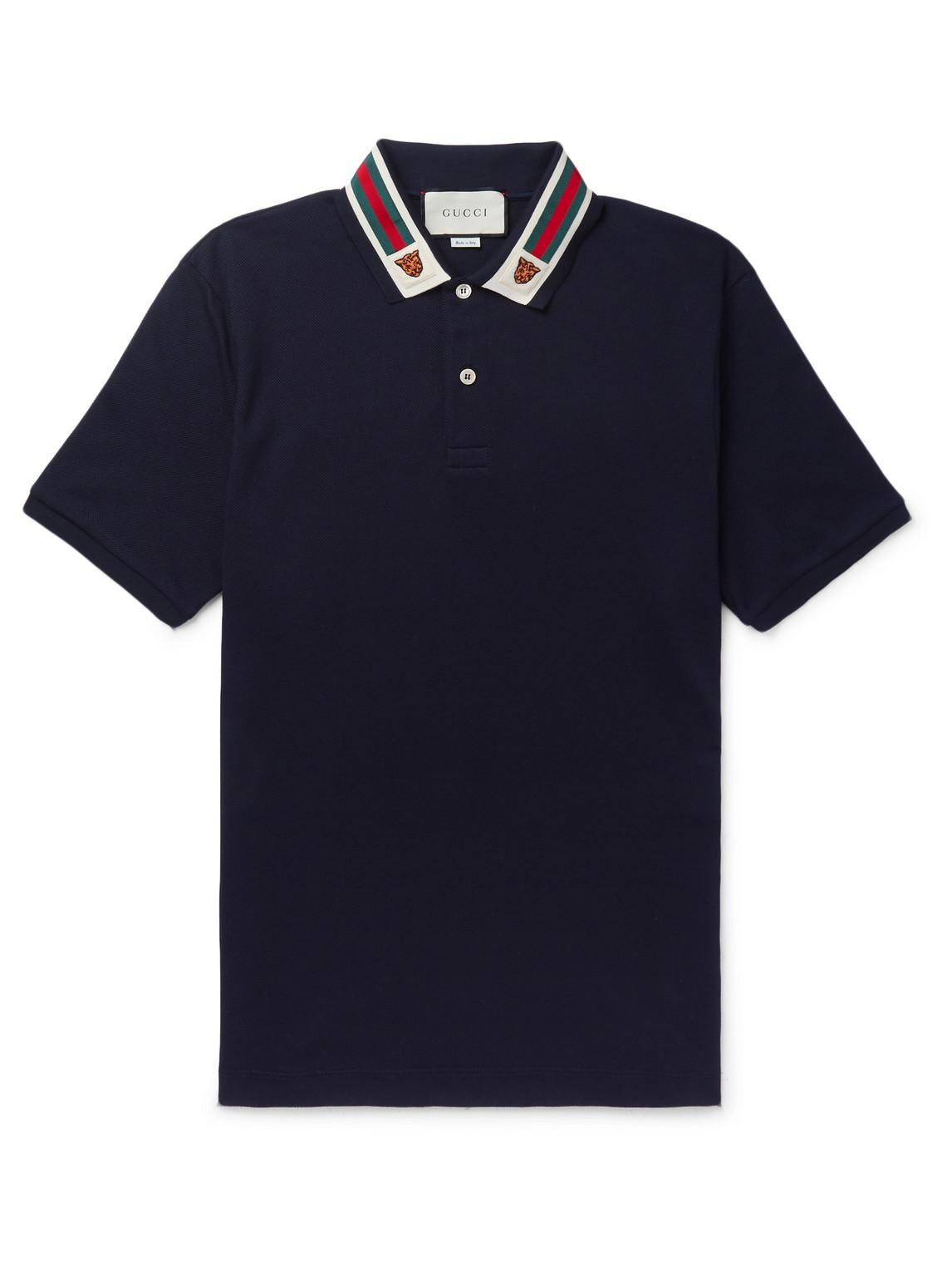 Gucci Tiger-embroidered Cotton-pique Polo Shirt in Navy (Blue) for Men - Save - Lyst