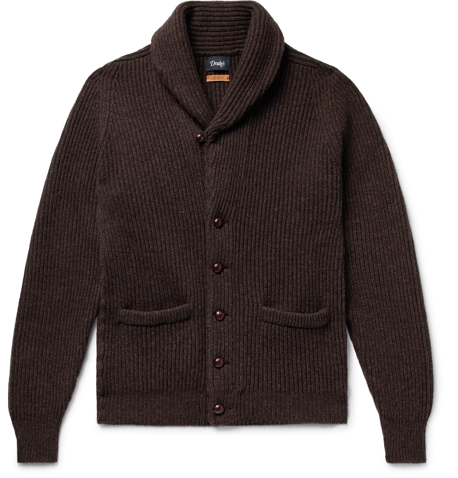 Drake's Slim-fit Shawl-collar Ribbed Wool Cardigan in Brown for Men | Lyst