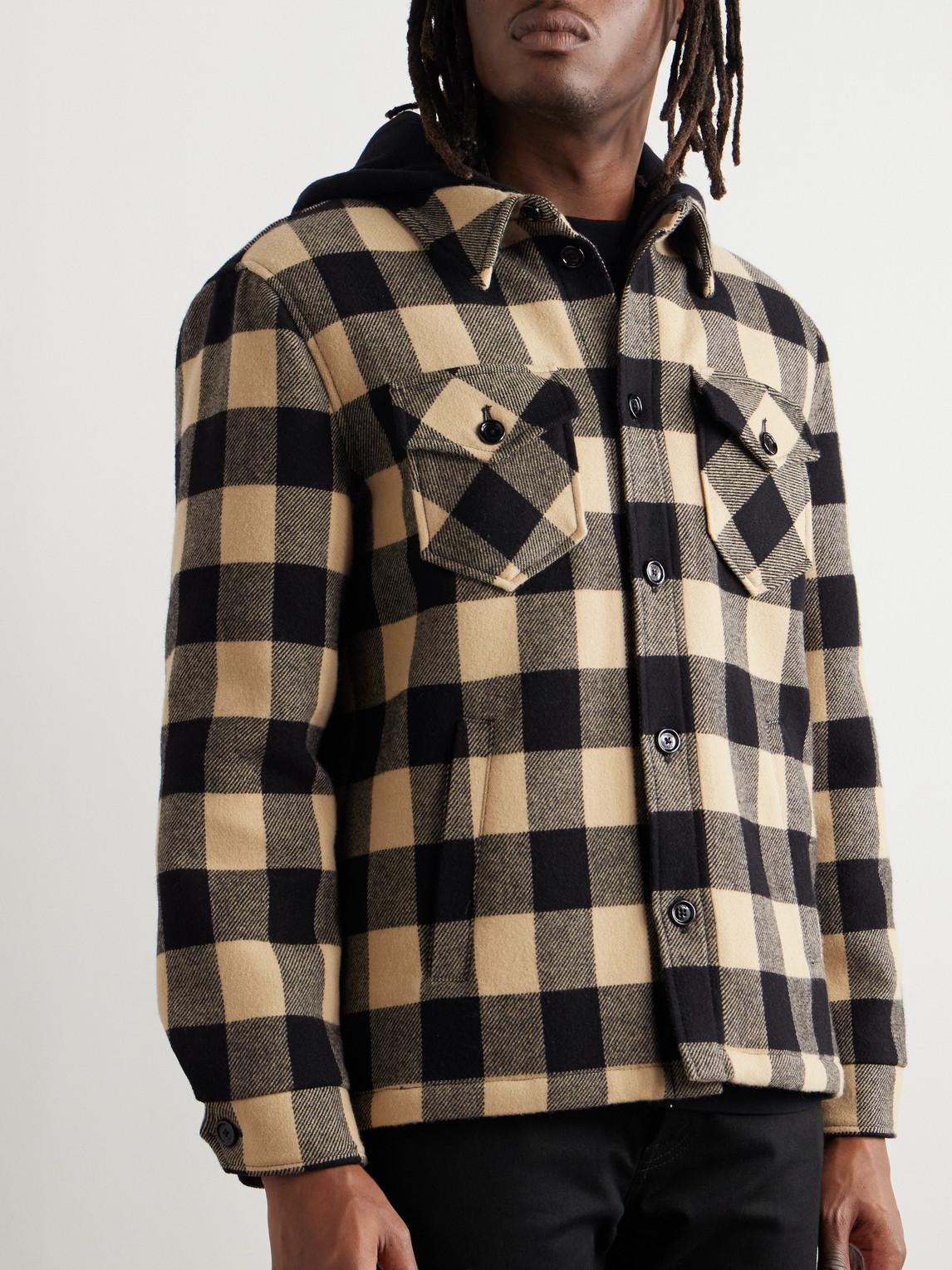 Celine Logo-Print Cotton Jersey-Trimmed Padded Checked Wool Hooded