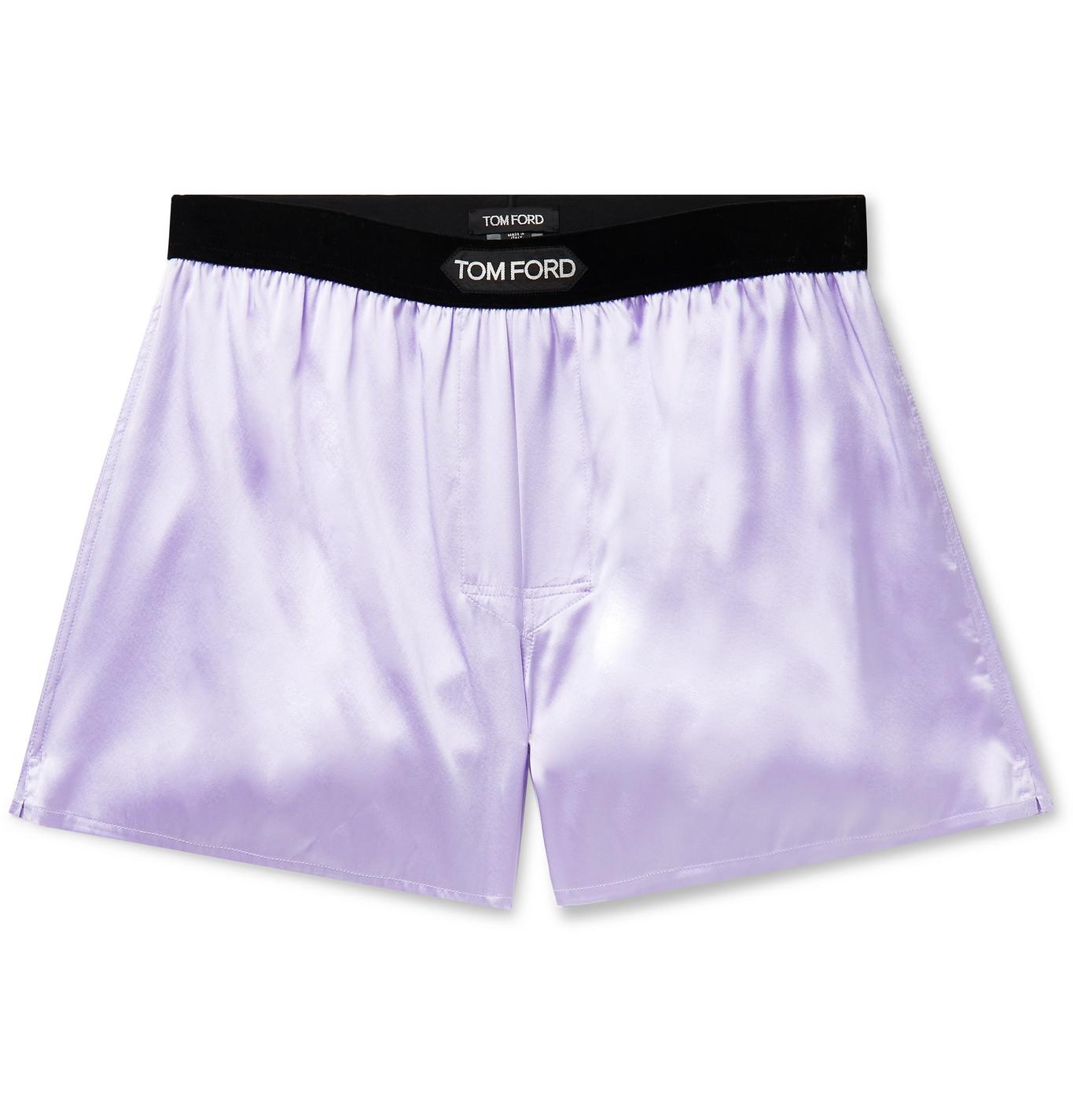 Tom Ford Velvettrimmed Stretchsilk Satin Boxer Shorts in Purple for