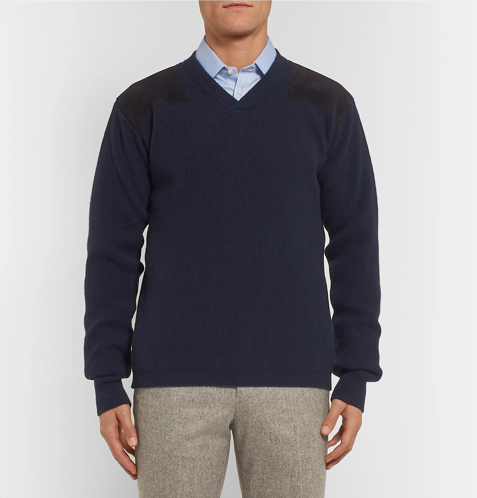 Kingsman Merlin's Suede-panelled Ribbed Wool Sweater in Navy (Blue) for ...