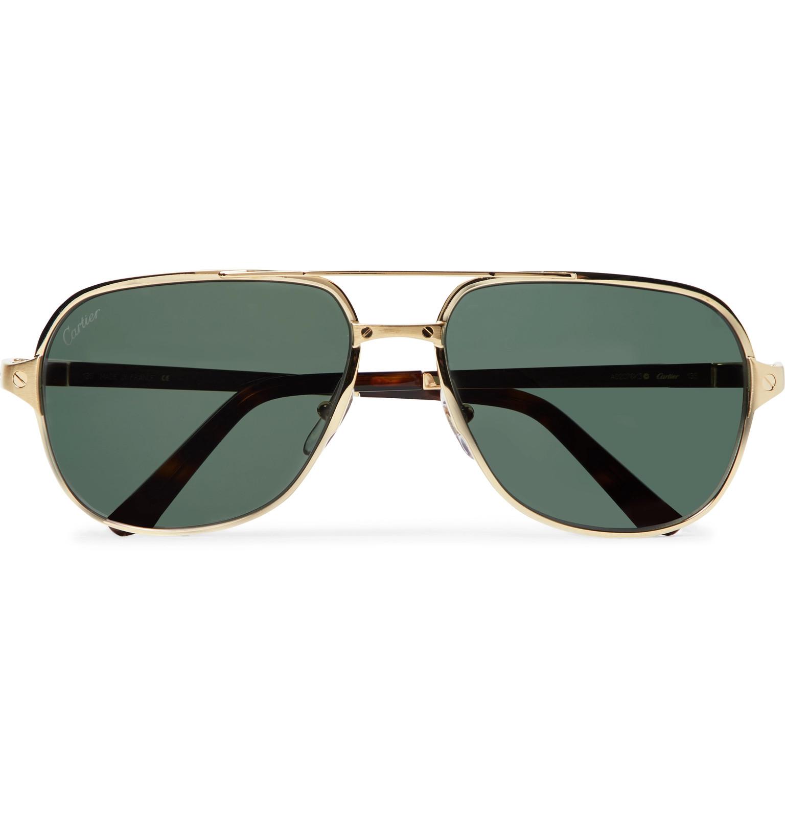 Cartier Santos De Cartier Aviatorstyle Leathertrimmed Goldtone Sunglasses in Metallic for Men