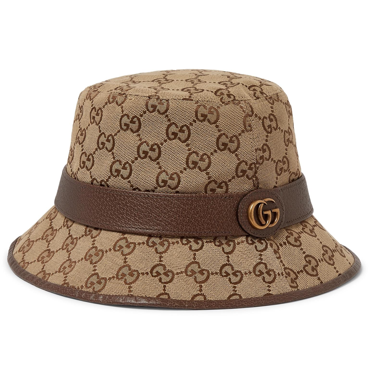 Gucci Leather-trimmed Monogrammed Canvas Bucket Hat in Brown for Men - Lyst