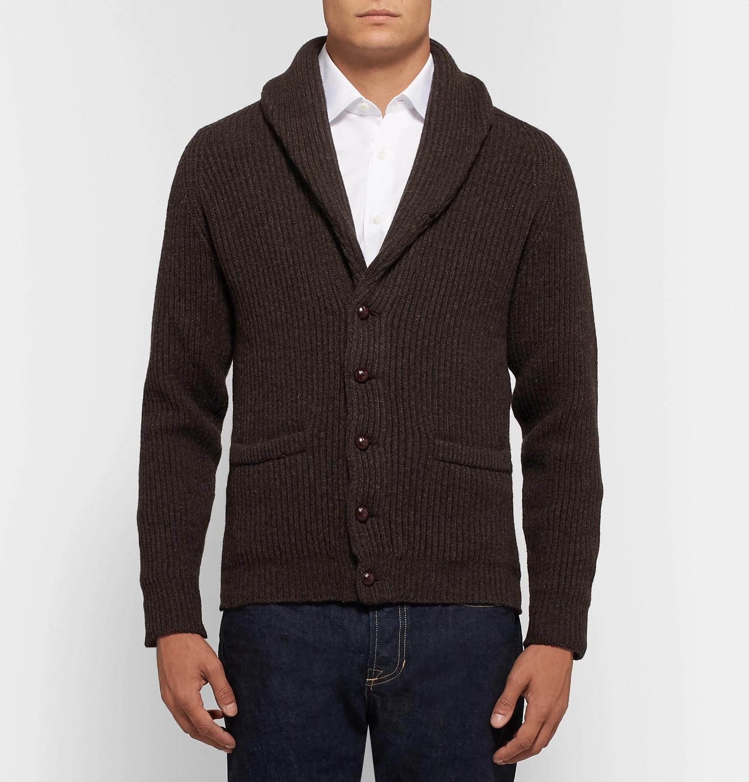 Drake's Slim-fit Shawl-collar Ribbed Wool Cardigan in Brown for Men | Lyst