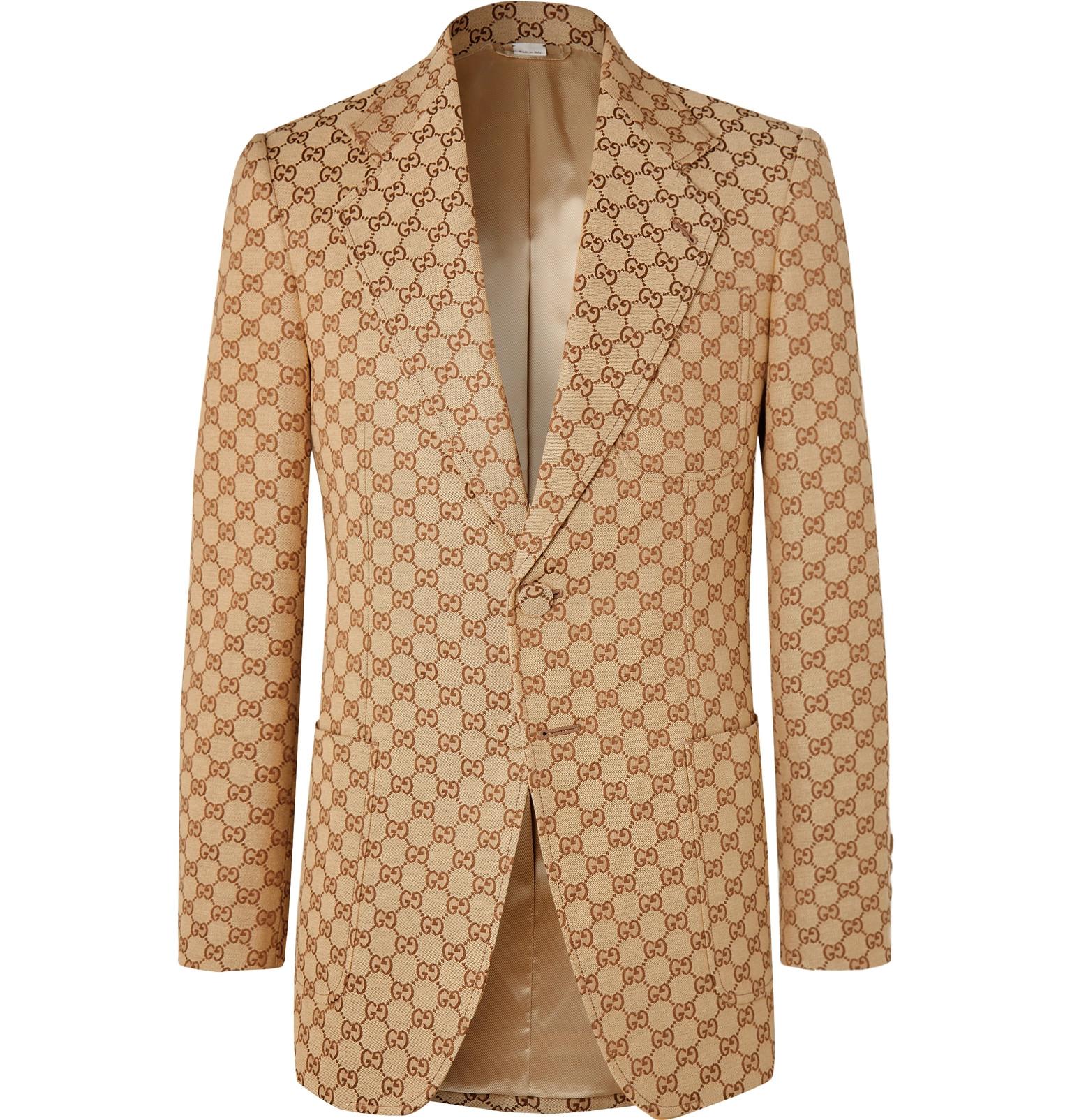 Gucci Beige Slim-fit Logo-jacquard Cotton-blend Suit Jacket in Natural ...